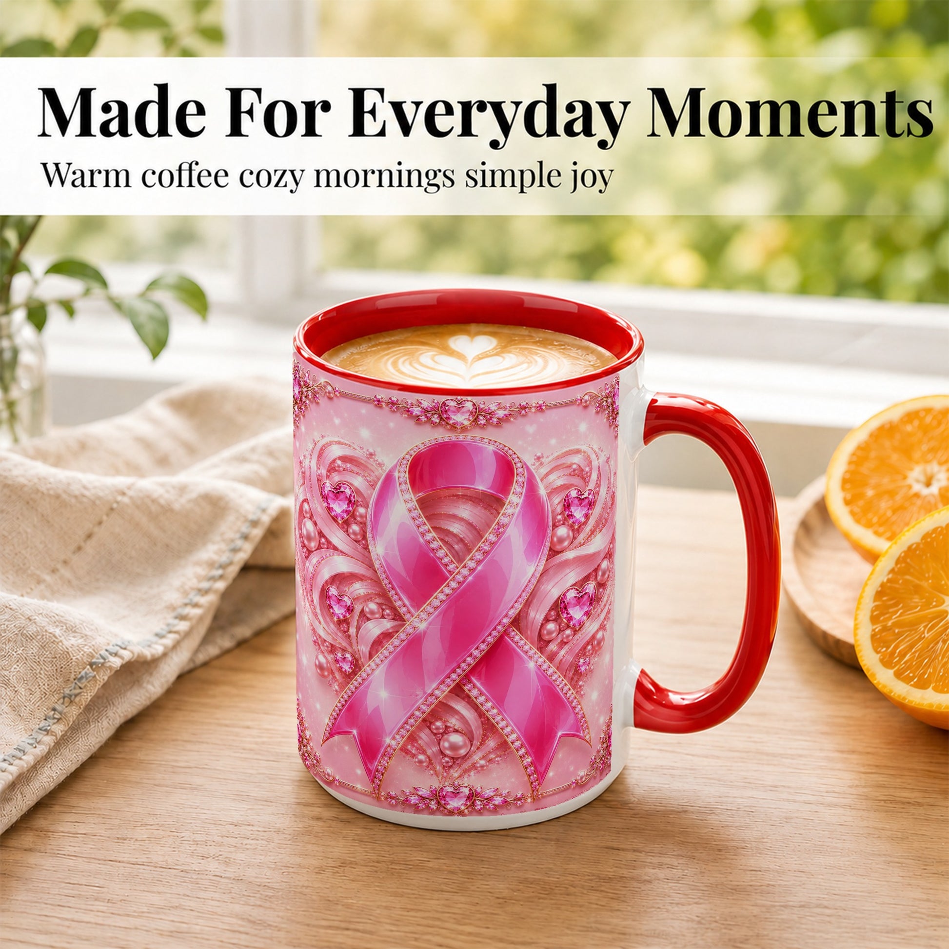 #pl[15oz|Red] Pink Awareness Ribbon Coffee Mug, Heart Ribbon Mug, Ceramic Cup