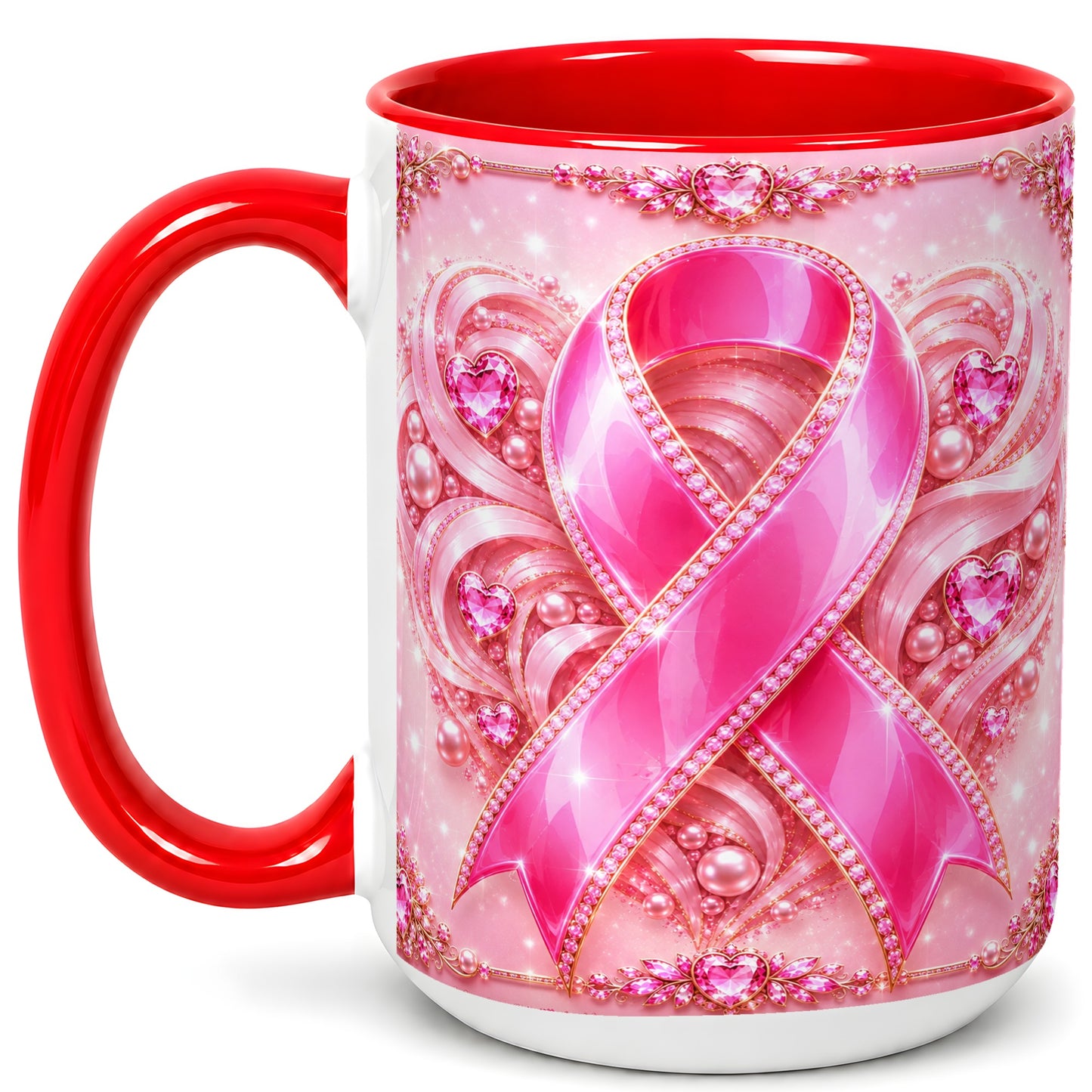 #pl[15oz|Red] Pink Awareness Ribbon Coffee Mug, Heart Ribbon Mug, Ceramic Cup