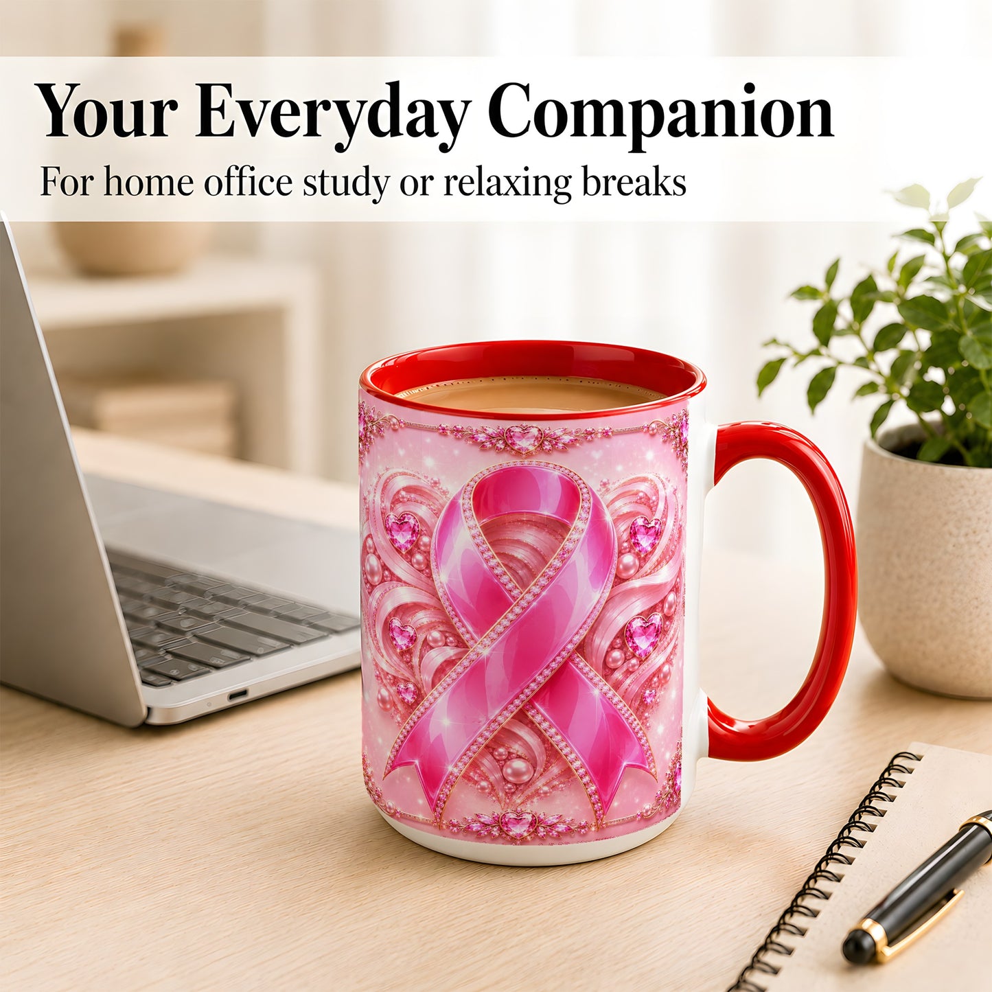 #pl[15oz|Red] Pink Awareness Ribbon Coffee Mug, Heart Ribbon Mug, Ceramic Cup