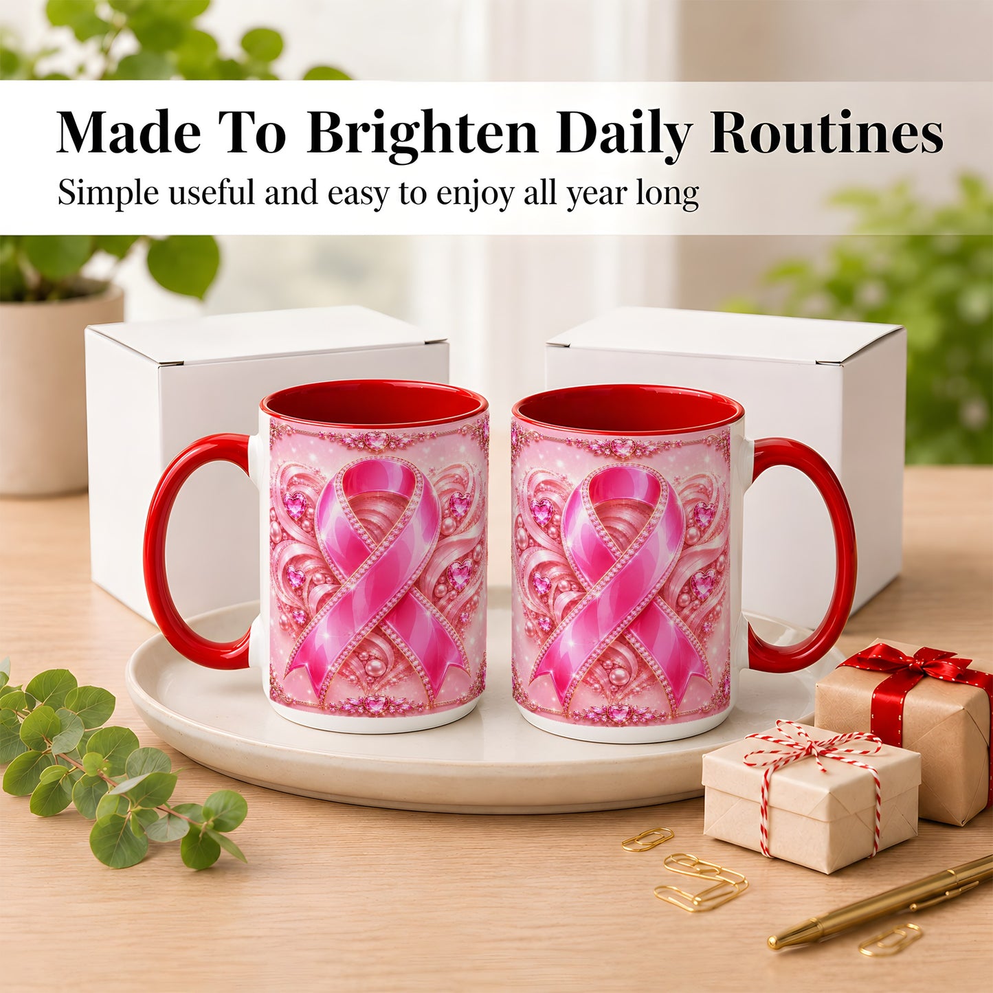 #pl[15oz|Red] Pink Awareness Ribbon Coffee Mug, Heart Ribbon Mug, Ceramic Cup