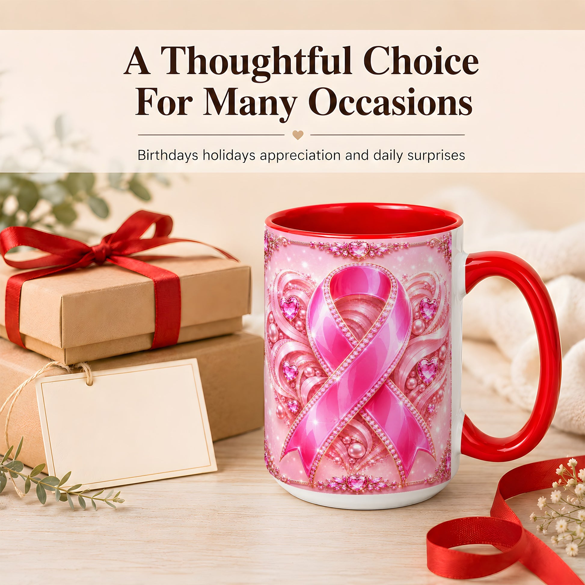 #pl[15oz|Red] Pink Awareness Ribbon Coffee Mug, Heart Ribbon Mug, Ceramic Cup