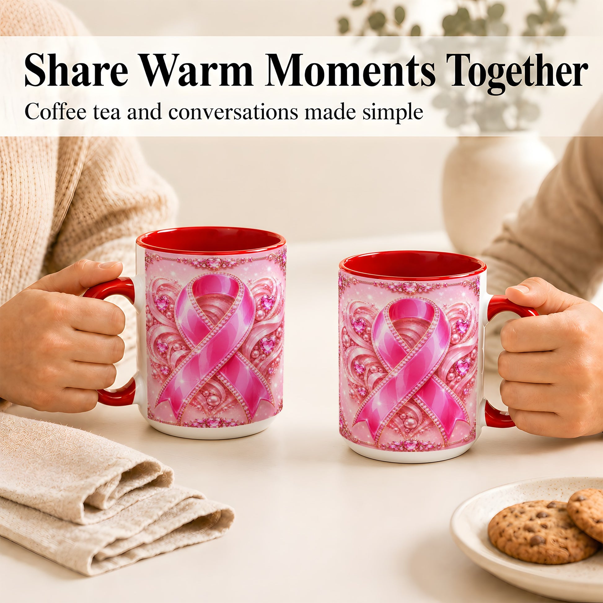 #pl[15oz|Red] Pink Awareness Ribbon Coffee Mug, Heart Ribbon Mug, Ceramic Cup