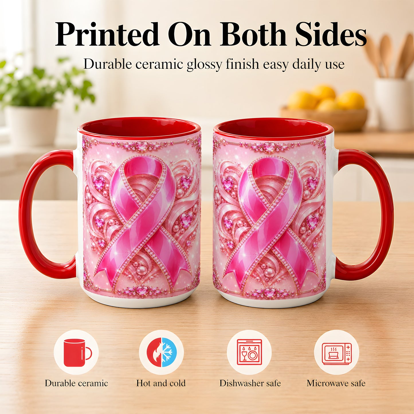 #pl[15oz|Red] Pink Awareness Ribbon Coffee Mug, Heart Ribbon Mug, Ceramic Cup