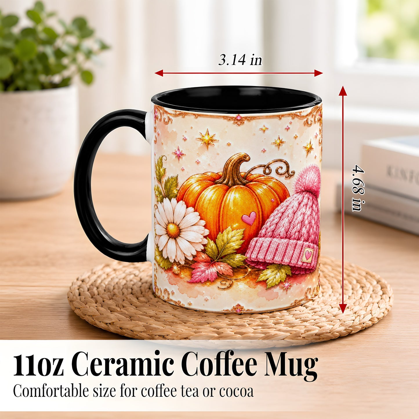 #pl[11oz|Black] Pink Pumpkin Daisy Coffee Mug, Cozy Autumn Knit Hat Mug, Ceramic Cup