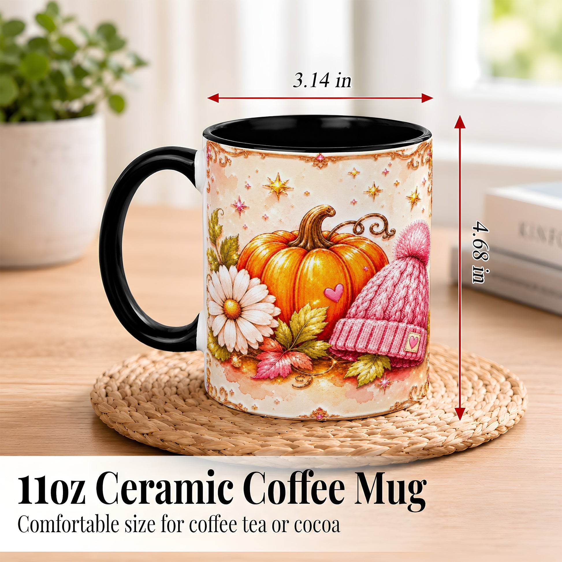 #pl[11oz|Black] Pink Pumpkin Daisy Coffee Mug, Cozy Autumn Knit Hat Mug, Ceramic Cup