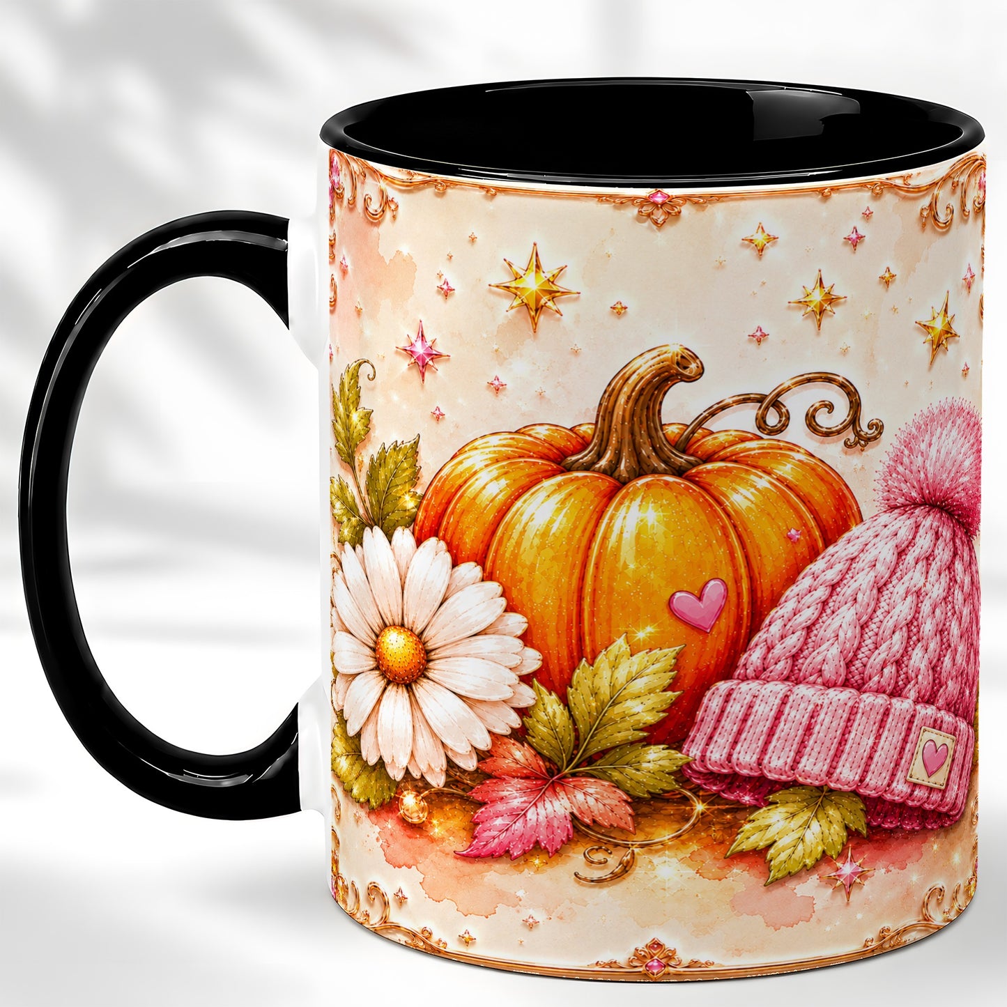 #pl[11oz|Black] Pink Pumpkin Daisy Coffee Mug, Cozy Autumn Knit Hat Mug, Ceramic Cup