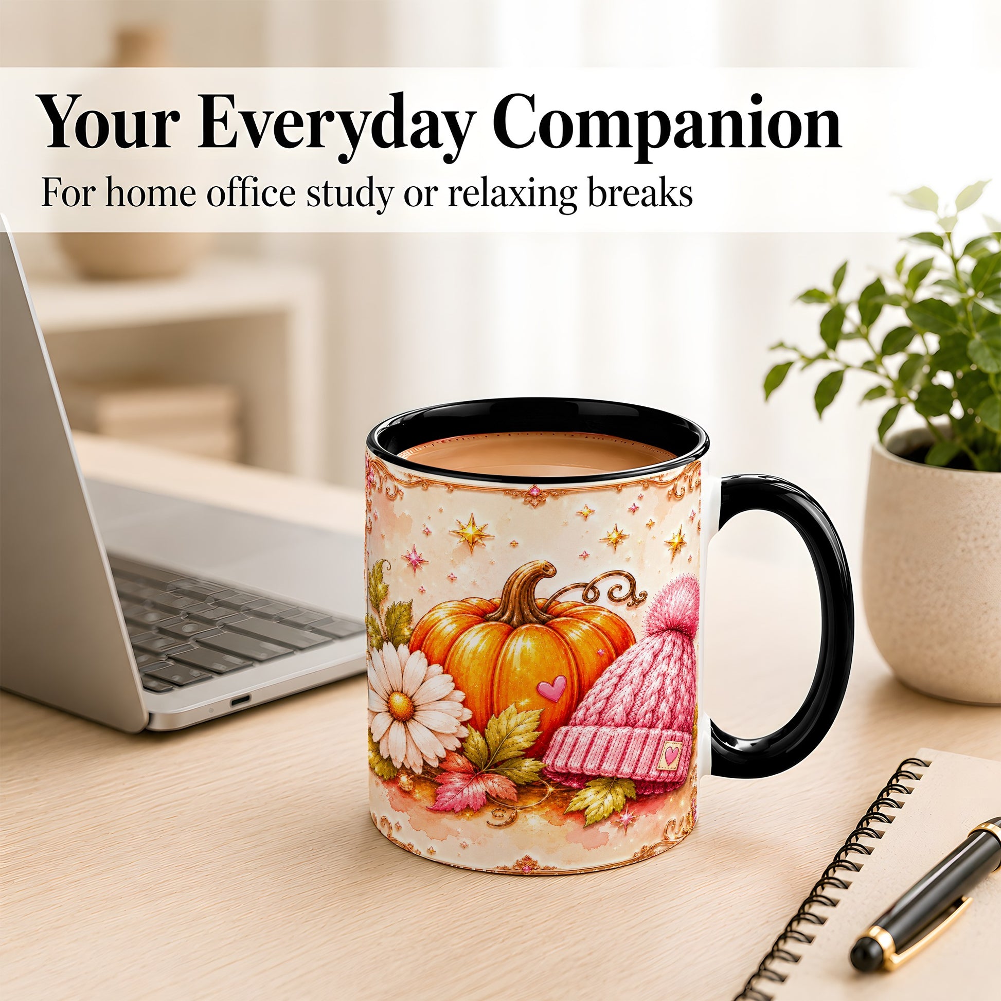 #pl[11oz|Black] Pink Pumpkin Daisy Coffee Mug, Cozy Autumn Knit Hat Mug, Ceramic Cup