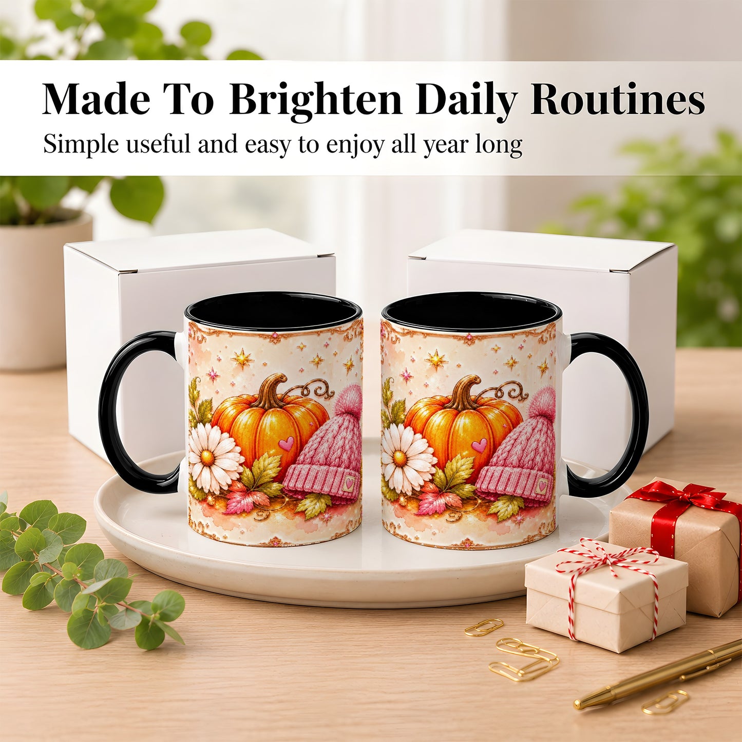 #pl[11oz|Black] Pink Pumpkin Daisy Coffee Mug, Cozy Autumn Knit Hat Mug, Ceramic Cup