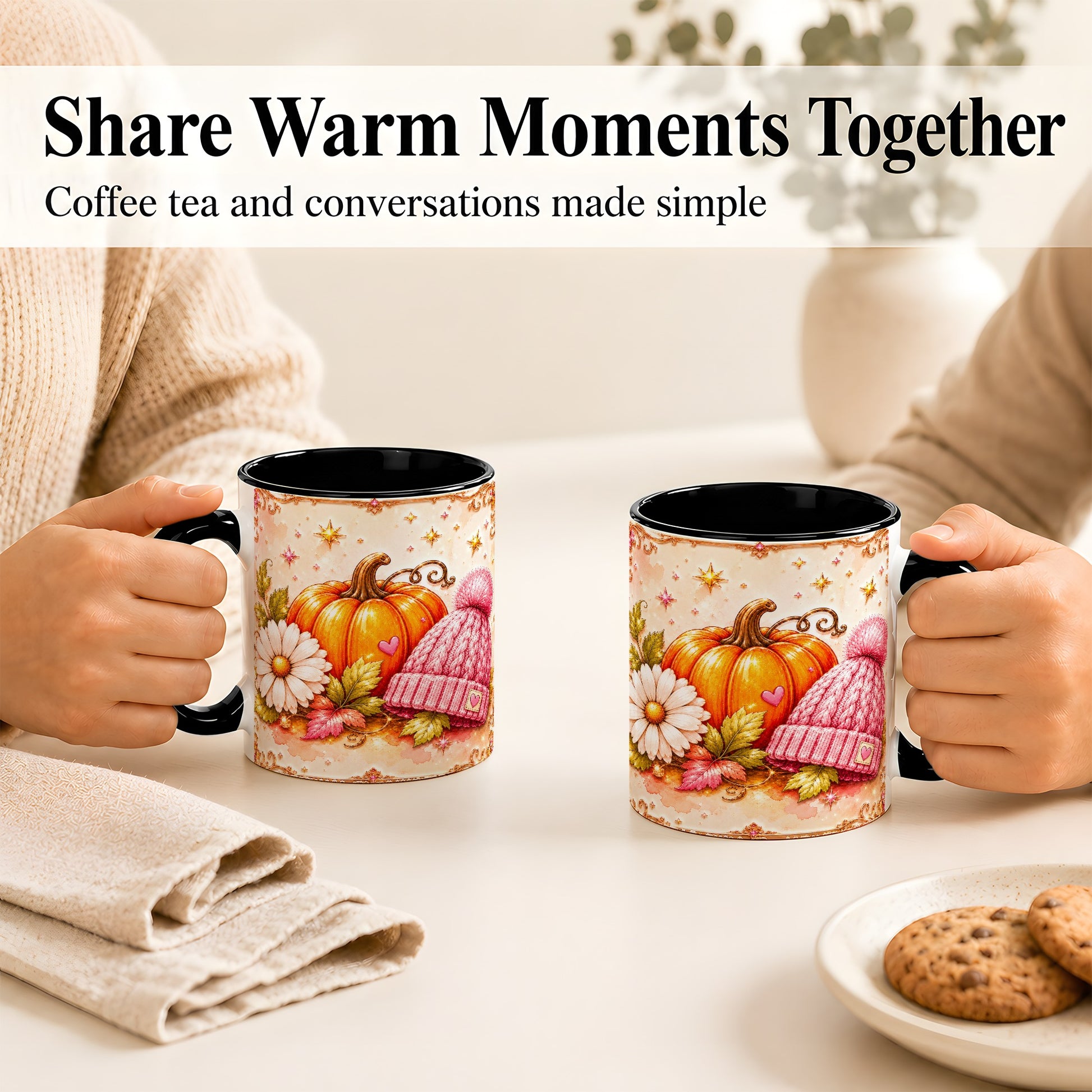 #pl[11oz|Black] Pink Pumpkin Daisy Coffee Mug, Cozy Autumn Knit Hat Mug, Ceramic Cup