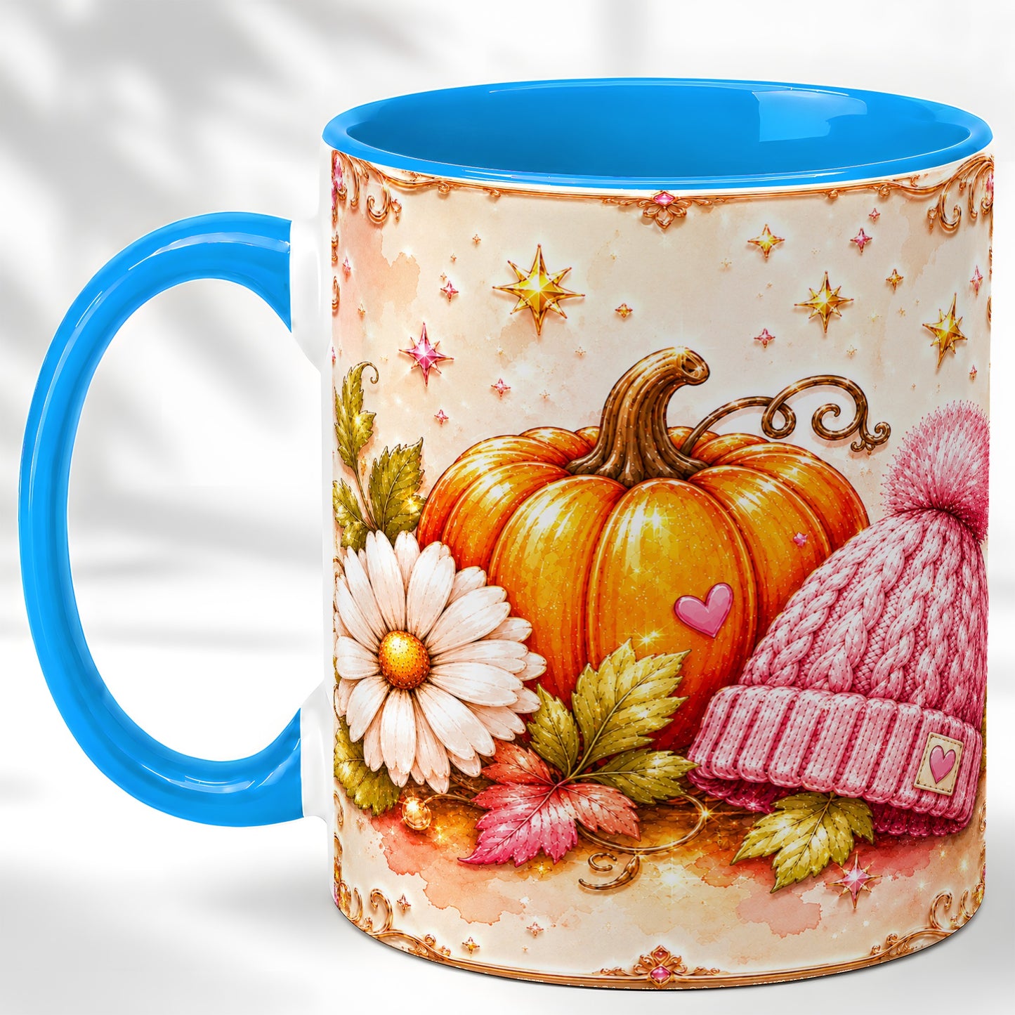 #pl[11oz|Blue] Pink Pumpkin Daisy Coffee Mug, Cozy Autumn Knit Hat Mug, Ceramic Cup