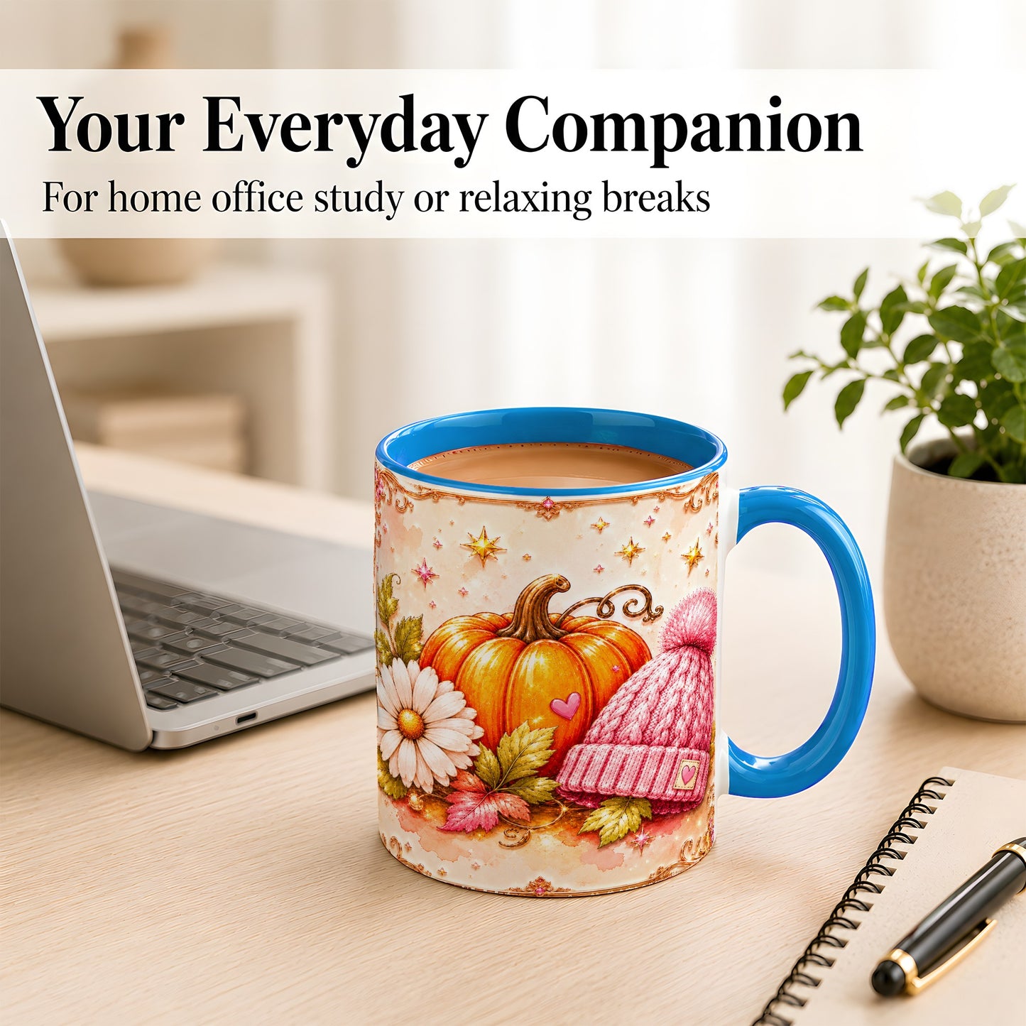 #pl[11oz|Blue] Pink Pumpkin Daisy Coffee Mug, Cozy Autumn Knit Hat Mug, Ceramic Cup