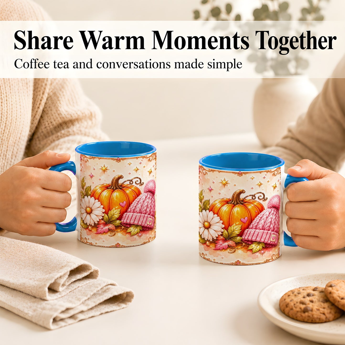 #pl[11oz|Blue] Pink Pumpkin Daisy Coffee Mug, Cozy Autumn Knit Hat Mug, Ceramic Cup