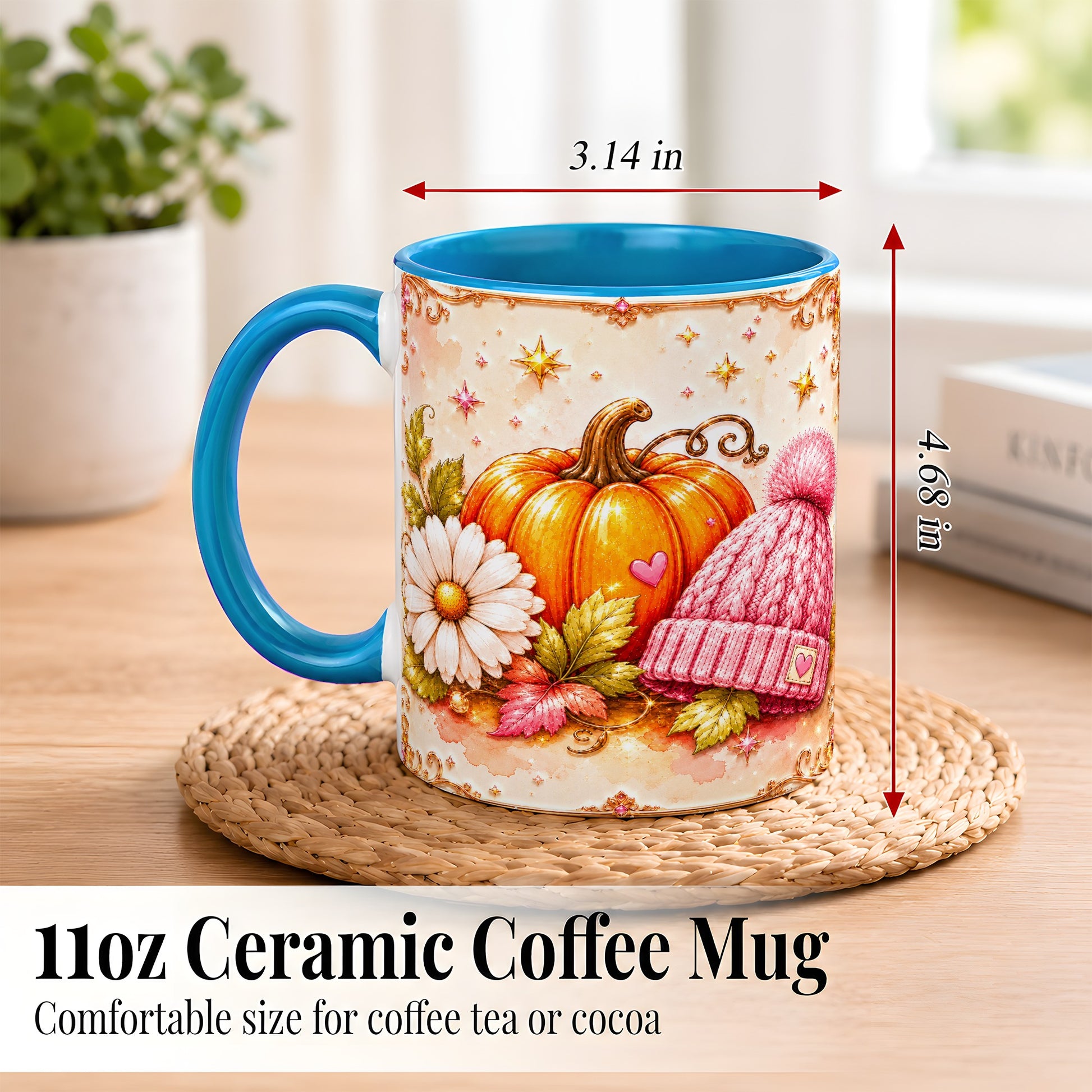 #pl[11oz|Blue] Pink Pumpkin Daisy Coffee Mug, Cozy Autumn Knit Hat Mug, Ceramic Cup