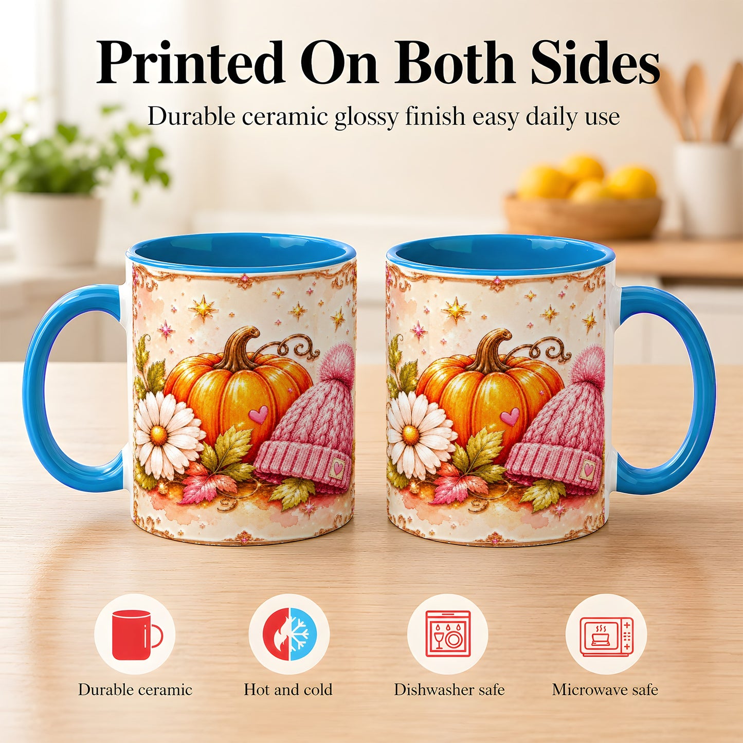 #pl[11oz|Blue] Pink Pumpkin Daisy Coffee Mug, Cozy Autumn Knit Hat Mug, Ceramic Cup