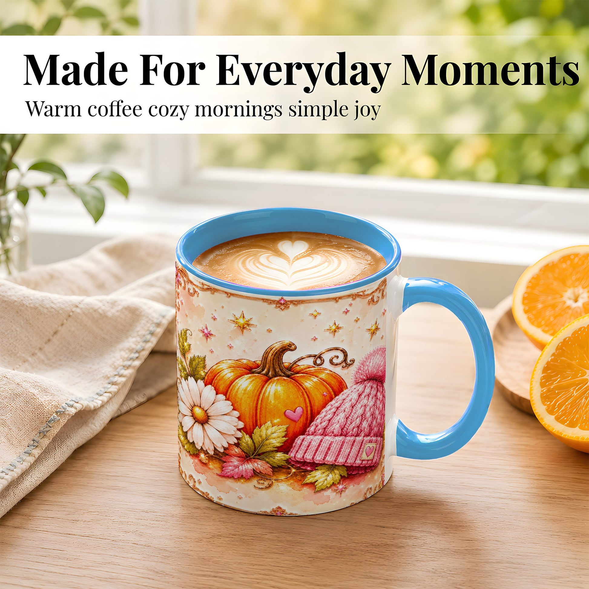 #pl[11oz|Blue] Pink Pumpkin Daisy Coffee Mug, Cozy Autumn Knit Hat Mug, Ceramic Cup