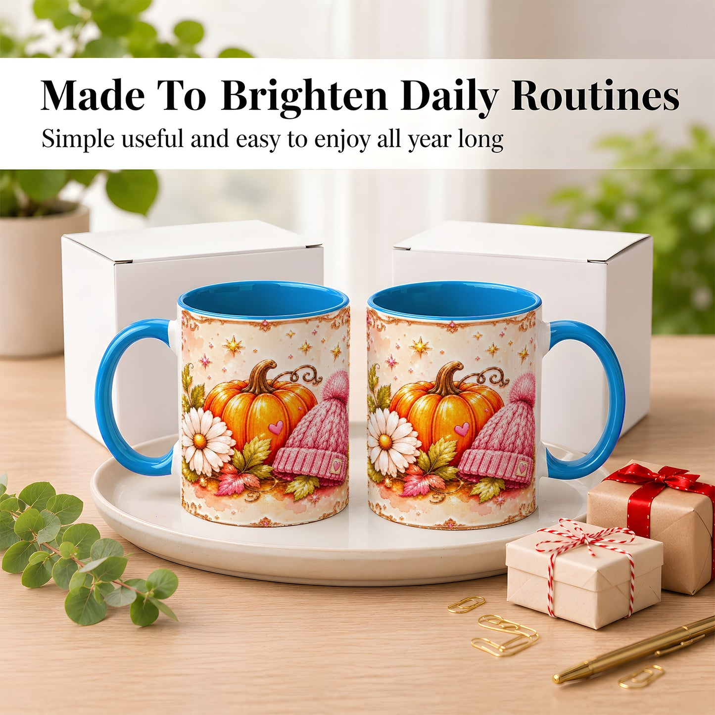 #pl[11oz|Blue] Pink Pumpkin Daisy Coffee Mug, Cozy Autumn Knit Hat Mug, Ceramic Cup