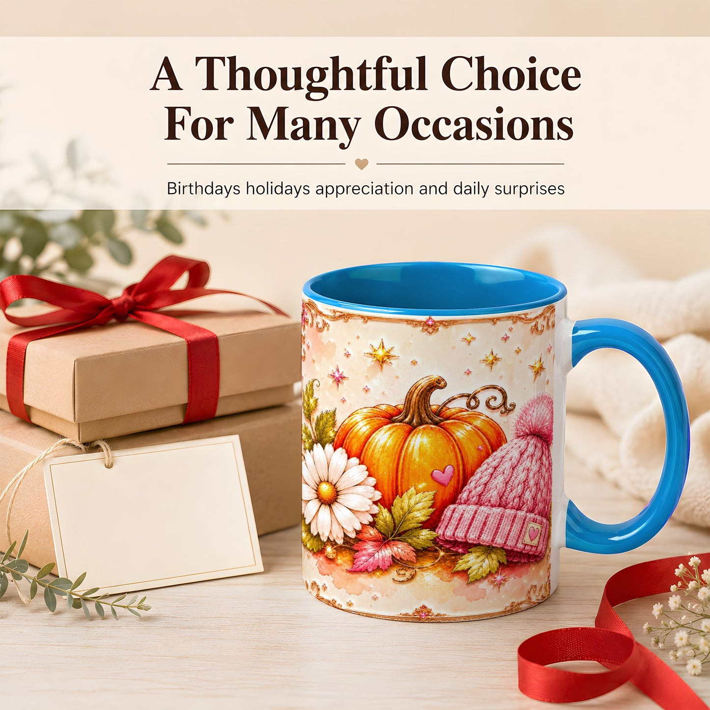 #pl[11oz|Blue] Pink Pumpkin Daisy Coffee Mug, Cozy Autumn Knit Hat Mug, Ceramic Cup
