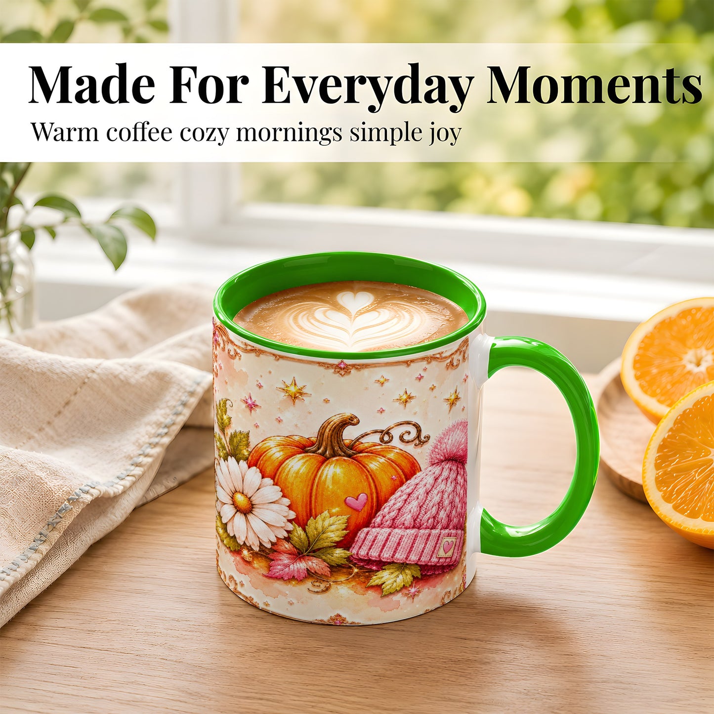 #pl[11oz|Green] Pink Pumpkin Daisy Coffee Mug, Cozy Autumn Knit Hat Mug, Ceramic Cup