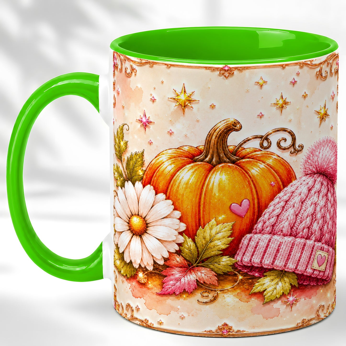 #pl[11oz|Green] Pink Pumpkin Daisy Coffee Mug, Cozy Autumn Knit Hat Mug, Ceramic Cup