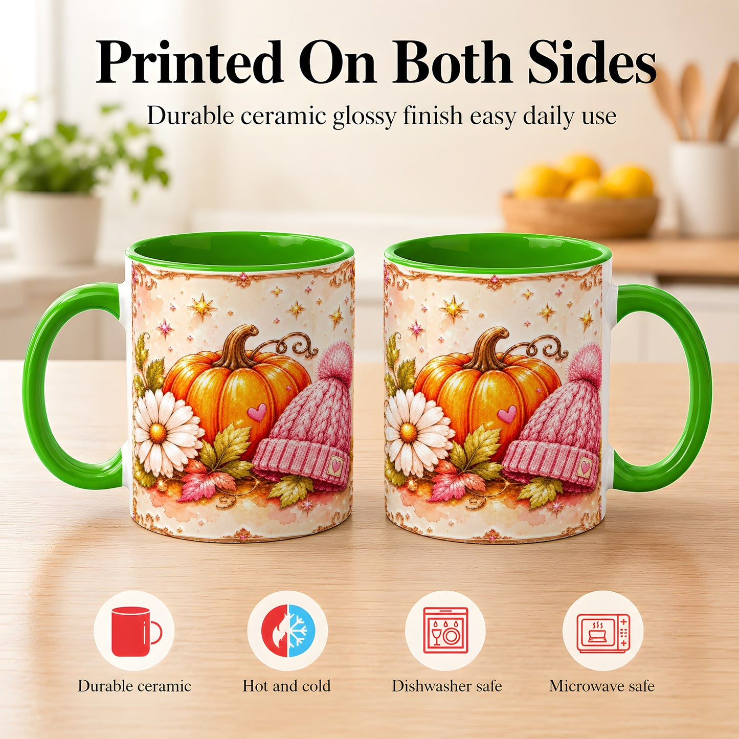 #pl[11oz|Green] Pink Pumpkin Daisy Coffee Mug, Cozy Autumn Knit Hat Mug, Ceramic Cup