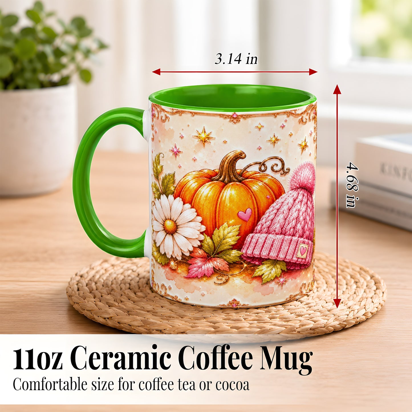 #pl[11oz|Green] Pink Pumpkin Daisy Coffee Mug, Cozy Autumn Knit Hat Mug, Ceramic Cup