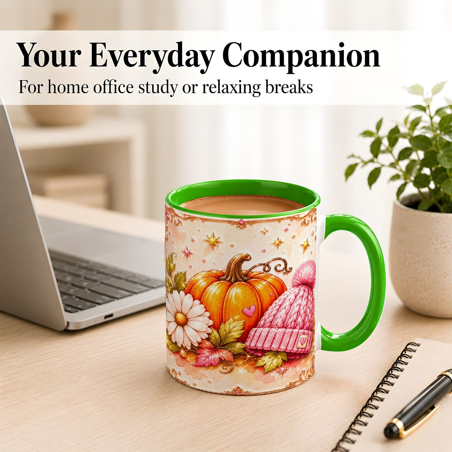 #pl[11oz|Green] Pink Pumpkin Daisy Coffee Mug, Cozy Autumn Knit Hat Mug, Ceramic Cup