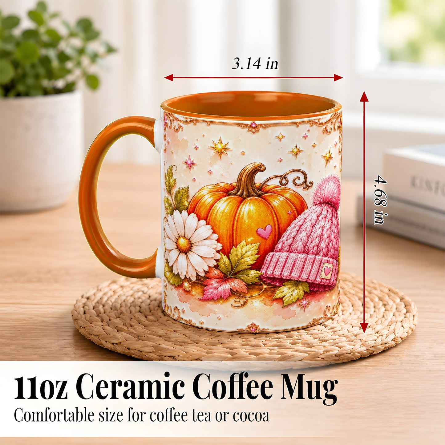 #pl[11oz|Orange] Pink Pumpkin Daisy Coffee Mug, Cozy Autumn Knit Hat Mug, Ceramic Cup