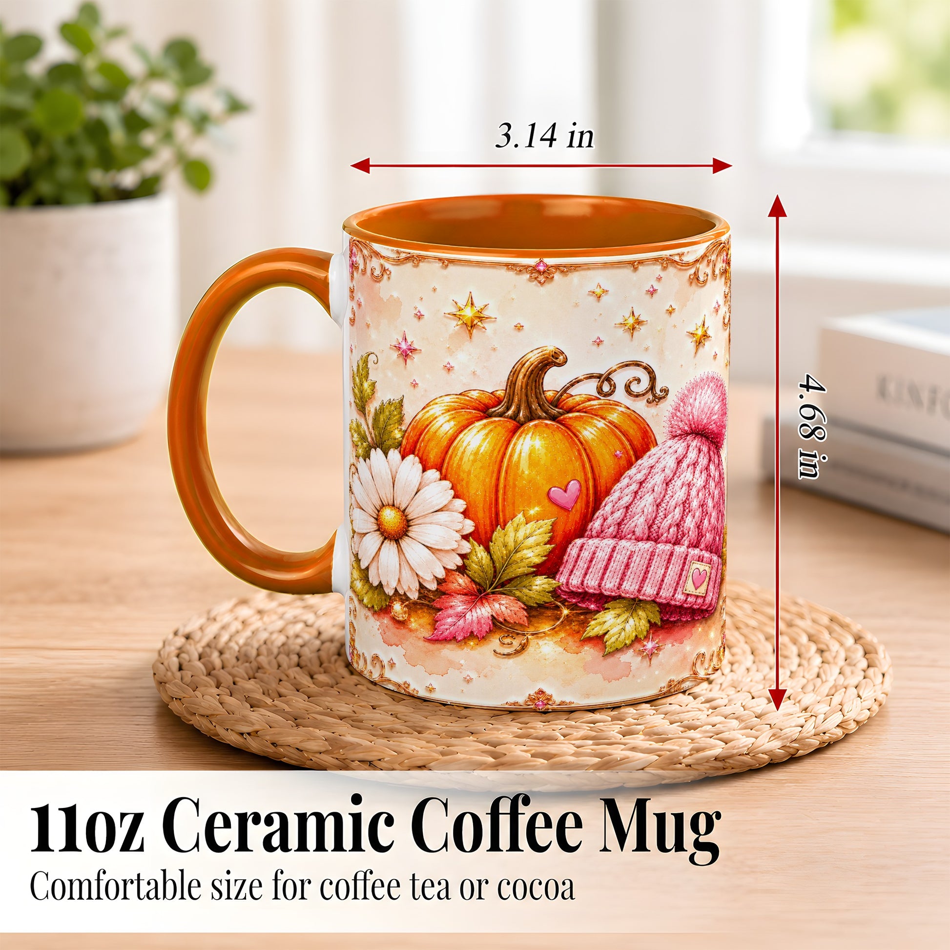 #pl[11oz|Orange] Pink Pumpkin Daisy Coffee Mug, Cozy Autumn Knit Hat Mug, Ceramic Cup