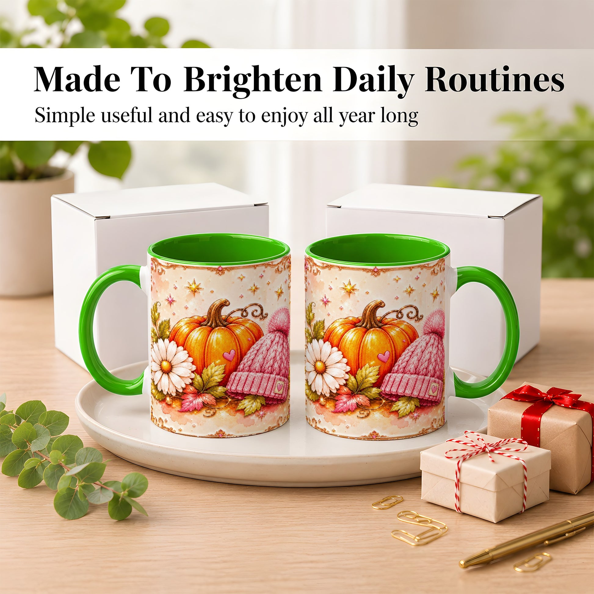 #pl[11oz|Green] Pink Pumpkin Daisy Coffee Mug, Cozy Autumn Knit Hat Mug, Ceramic Cup