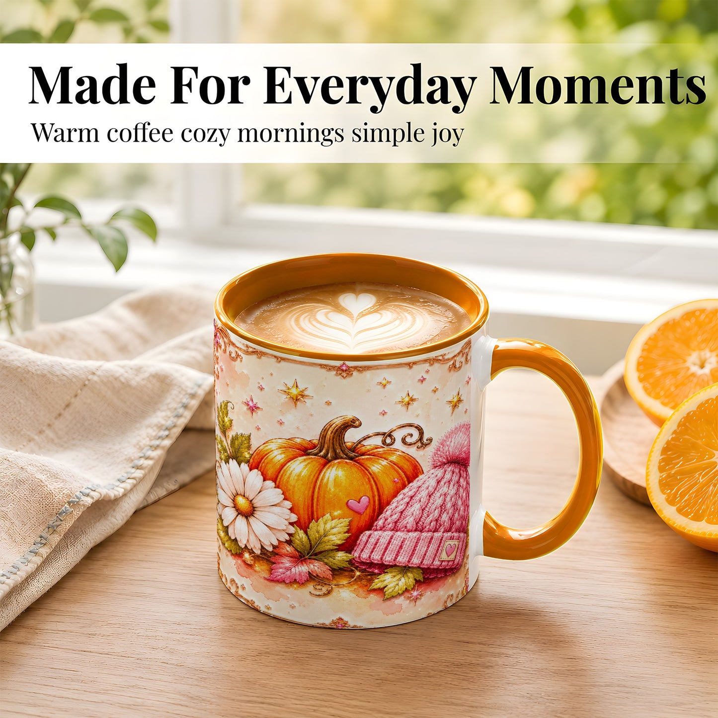 #pl[11oz|Orange] Pink Pumpkin Daisy Coffee Mug, Cozy Autumn Knit Hat Mug, Ceramic Cup