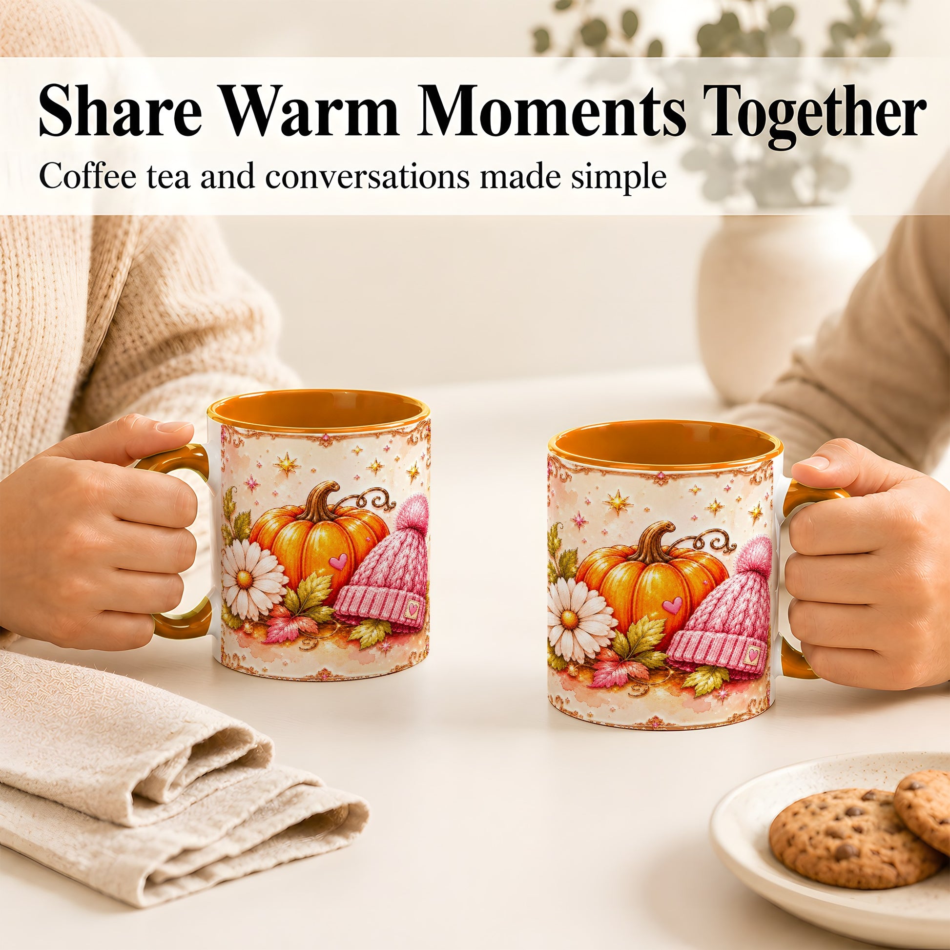 #pl[11oz|Orange] Pink Pumpkin Daisy Coffee Mug, Cozy Autumn Knit Hat Mug, Ceramic Cup