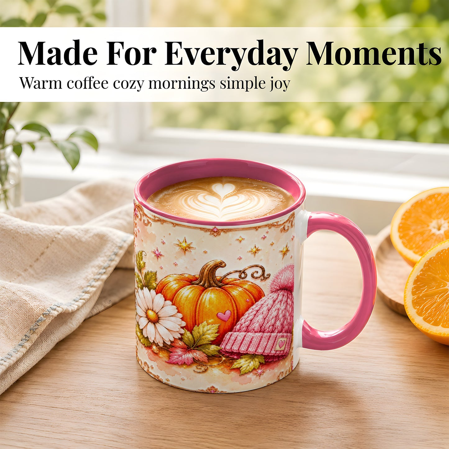 #pl[11oz|Pink] Pink Pumpkin Daisy Coffee Mug, Cozy Autumn Knit Hat Mug, Ceramic Cup