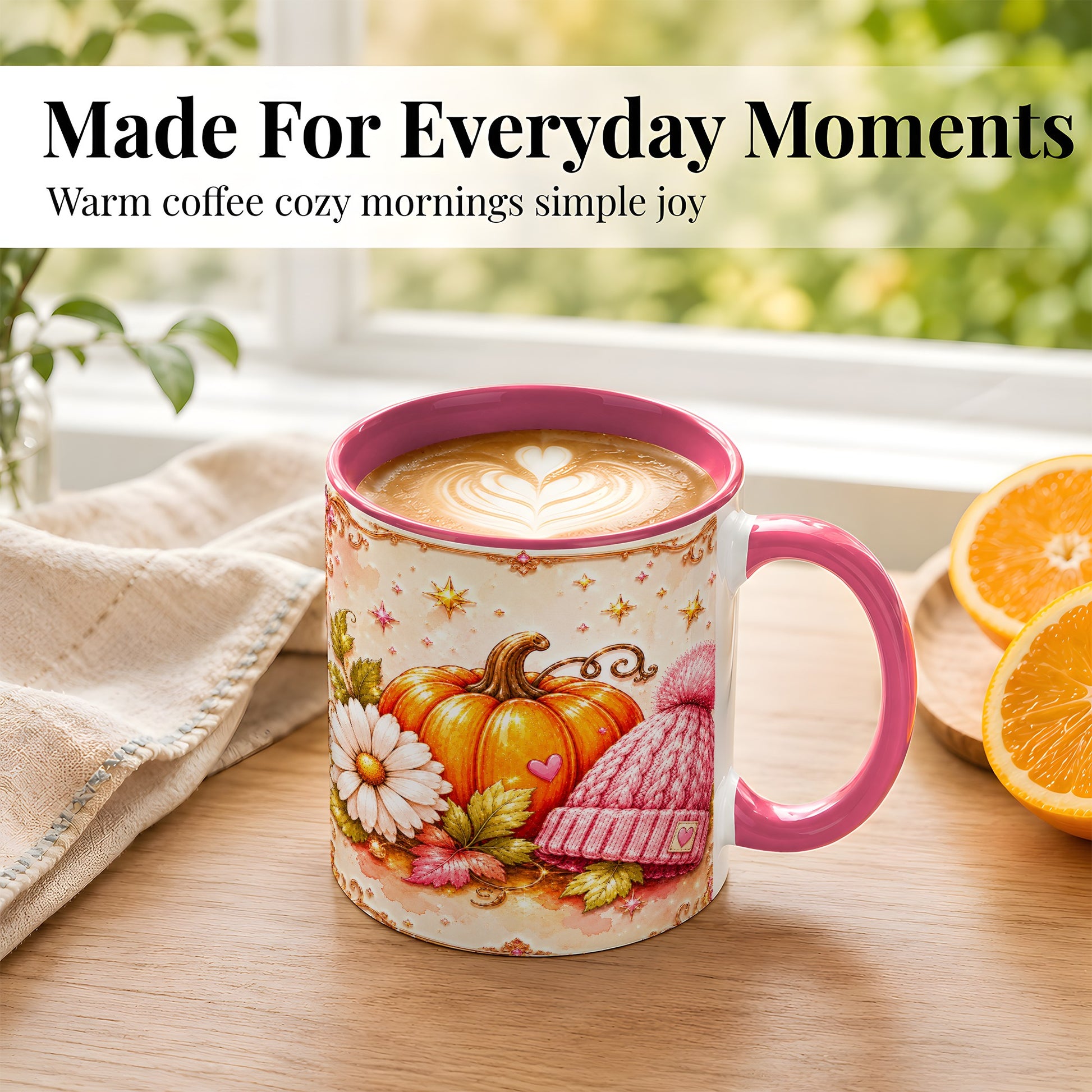 #pl[11oz|Pink] Pink Pumpkin Daisy Coffee Mug, Cozy Autumn Knit Hat Mug, Ceramic Cup