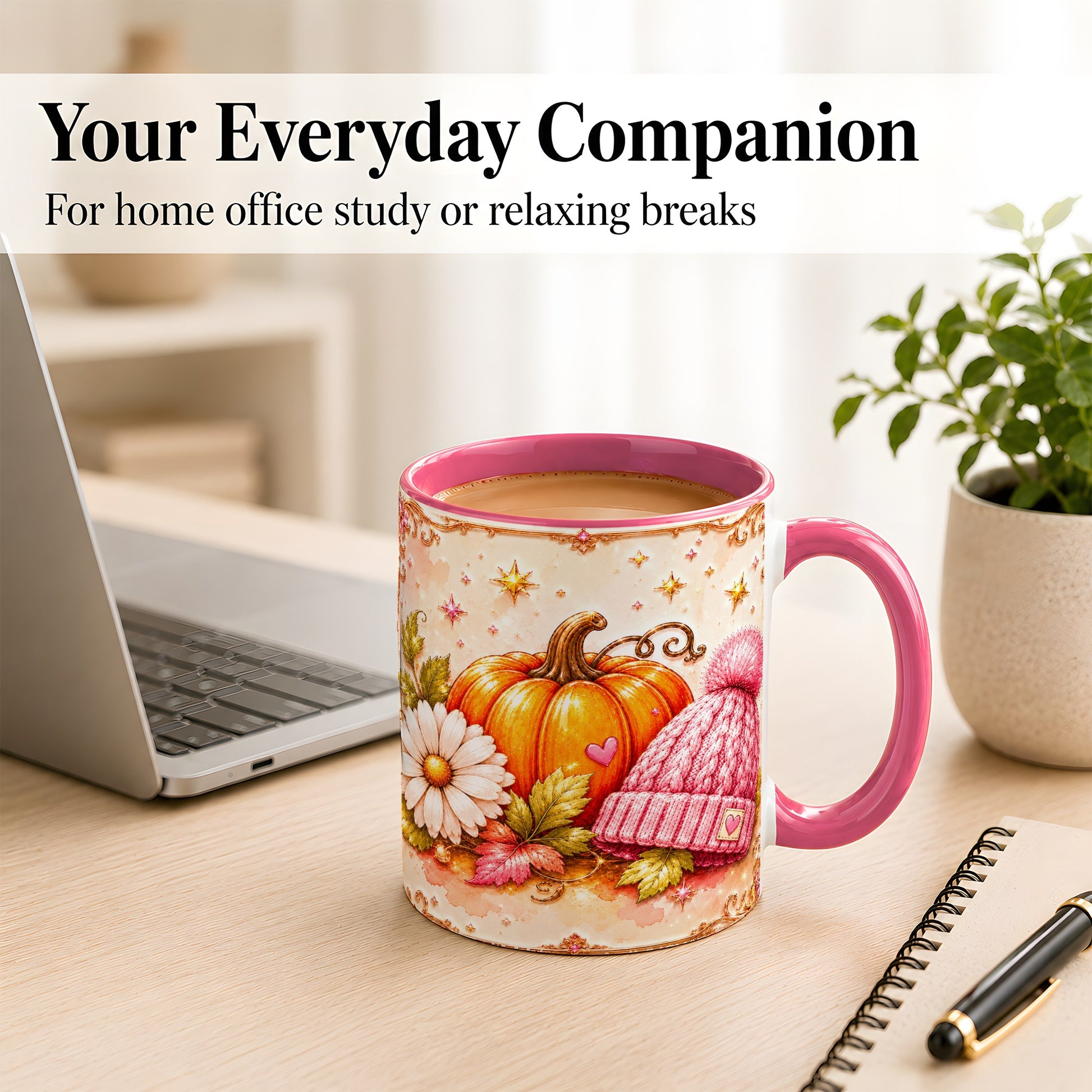 #pl[11oz|Pink] Pink Pumpkin Daisy Coffee Mug, Cozy Autumn Knit Hat Mug, Ceramic Cup