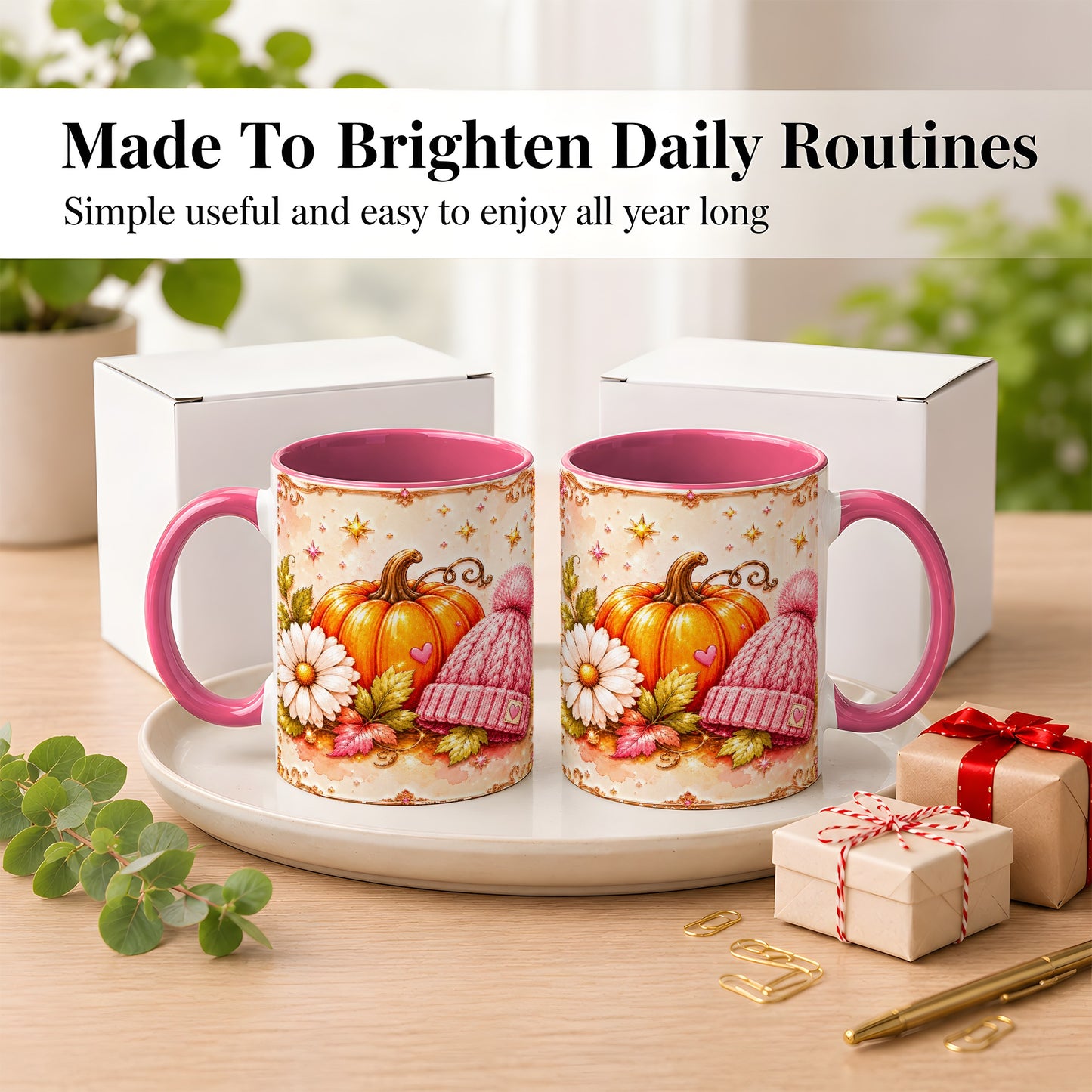 #pl[11oz|Pink] Pink Pumpkin Daisy Coffee Mug, Cozy Autumn Knit Hat Mug, Ceramic Cup
