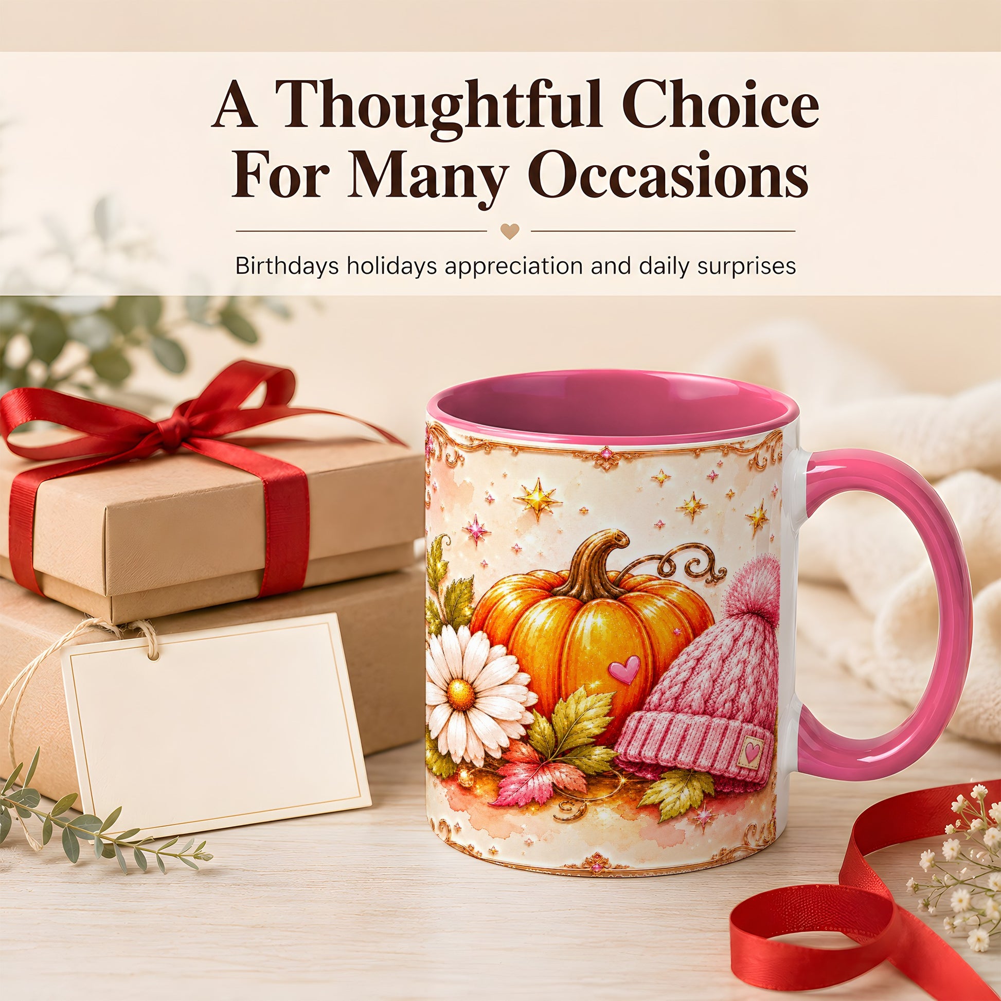 #pl[11oz|Pink] Pink Pumpkin Daisy Coffee Mug, Cozy Autumn Knit Hat Mug, Ceramic Cup