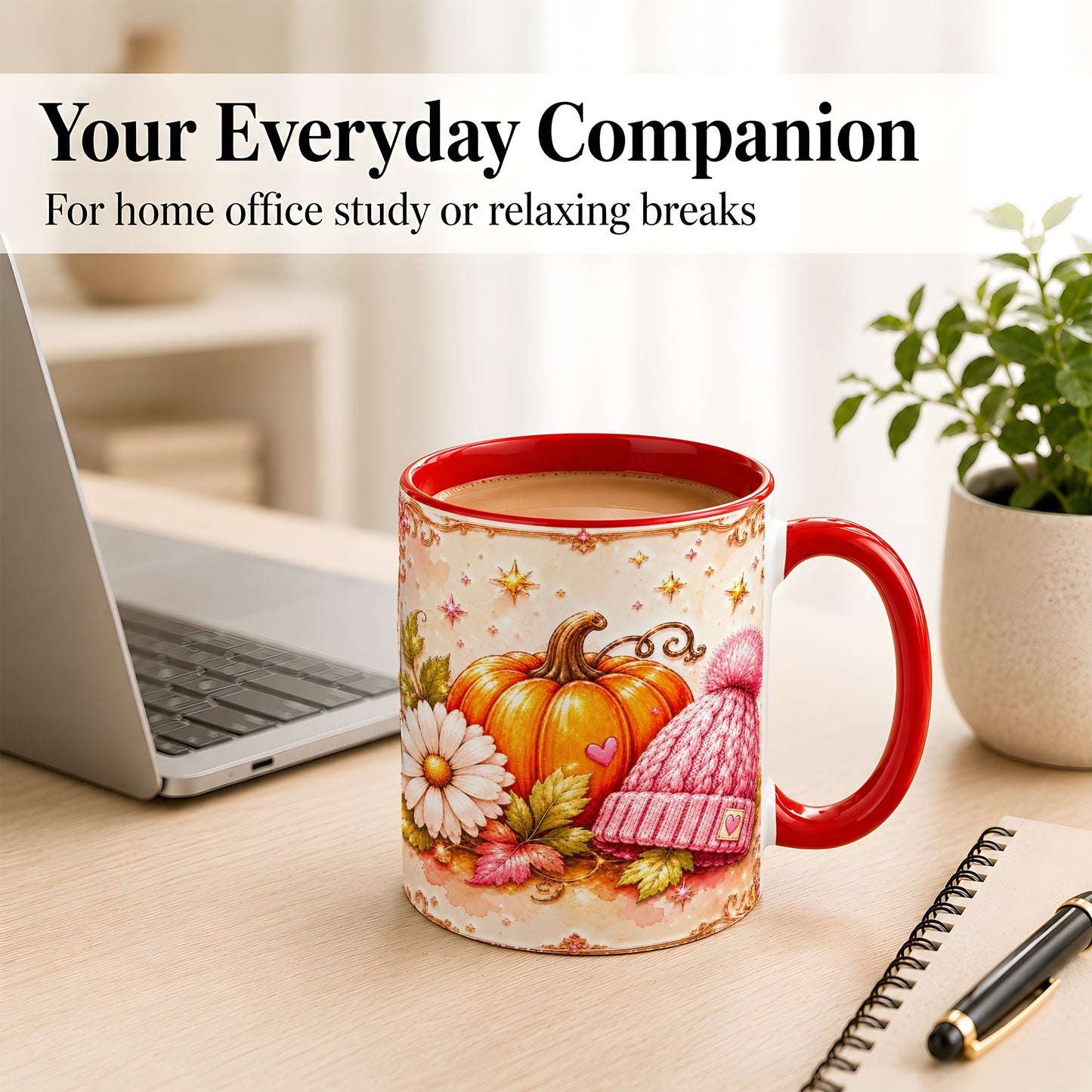 #pl[11oz|Red] Pink Pumpkin Daisy Coffee Mug, Cozy Autumn Knit Hat Mug, Ceramic Cup