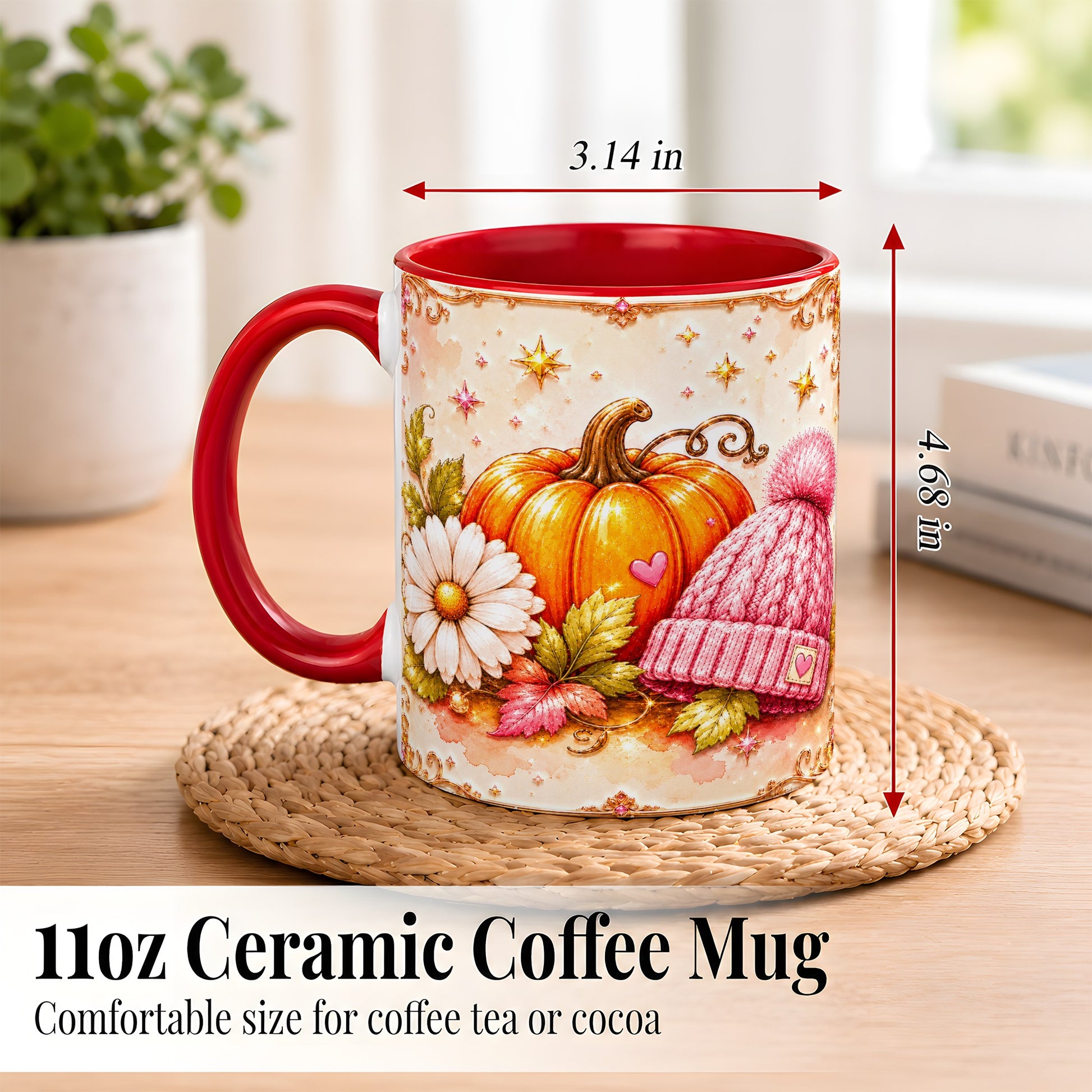 #pl[11oz|Red] Pink Pumpkin Daisy Coffee Mug, Cozy Autumn Knit Hat Mug, Ceramic Cup