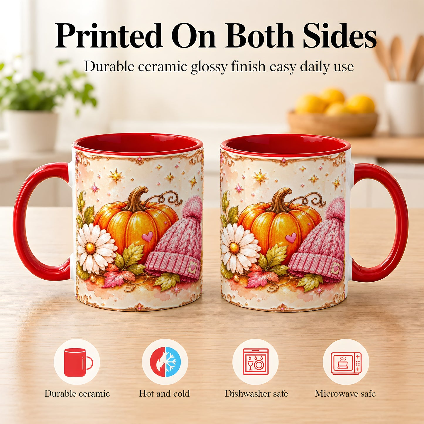 #pl[11oz|Red] Pink Pumpkin Daisy Coffee Mug, Cozy Autumn Knit Hat Mug, Ceramic Cup