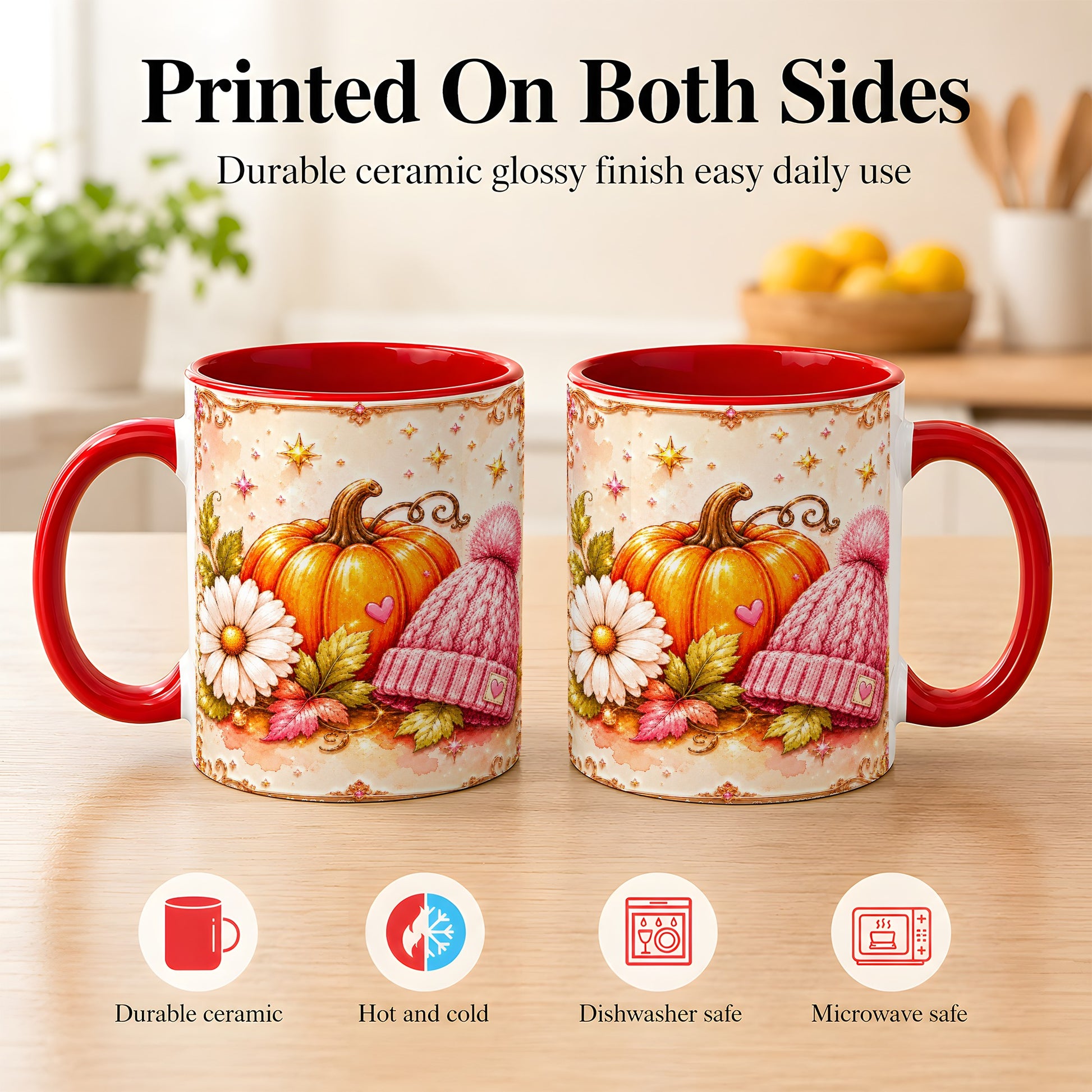 #pl[11oz|Red] Pink Pumpkin Daisy Coffee Mug, Cozy Autumn Knit Hat Mug, Ceramic Cup
