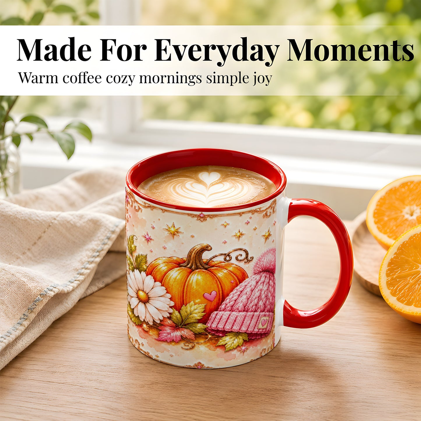 #pl[11oz|Red] Pink Pumpkin Daisy Coffee Mug, Cozy Autumn Knit Hat Mug, Ceramic Cup