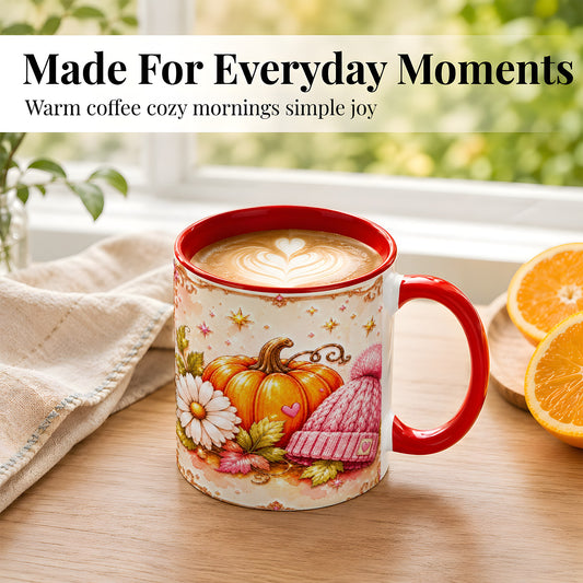#pl[11oz|Red] Pink Pumpkin Daisy Coffee Mug, Cozy Autumn Knit Hat Mug, Ceramic Cup