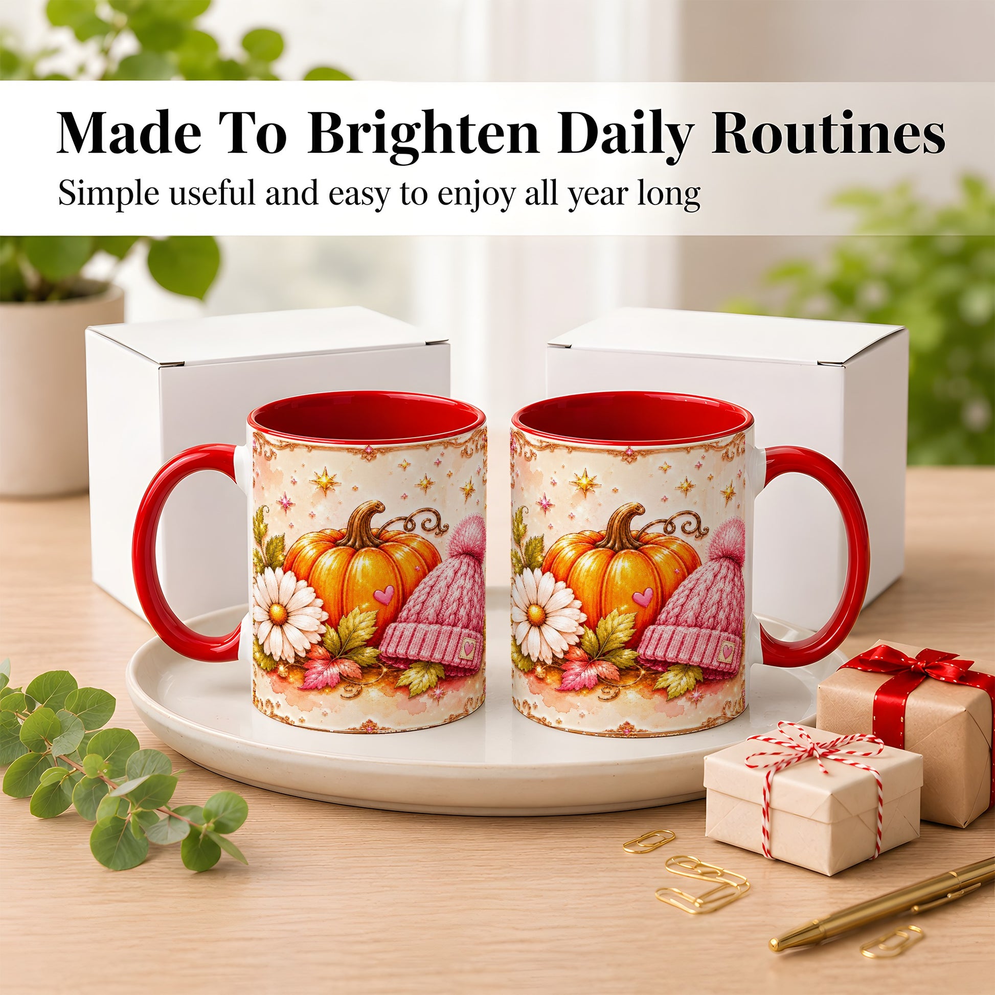 #pl[11oz|Red] Pink Pumpkin Daisy Coffee Mug, Cozy Autumn Knit Hat Mug, Ceramic Cup