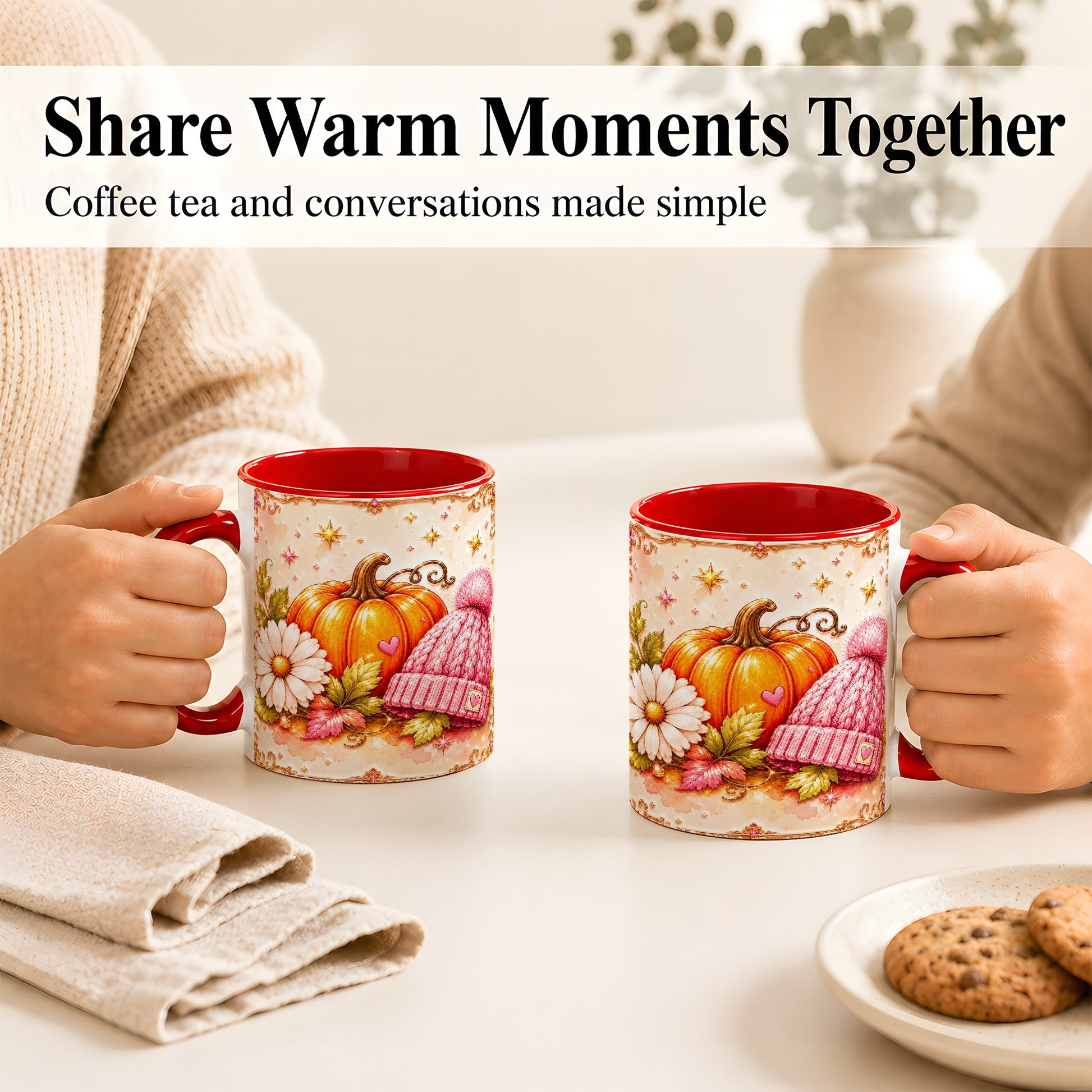 #pl[11oz|Red] Pink Pumpkin Daisy Coffee Mug, Cozy Autumn Knit Hat Mug, Ceramic Cup