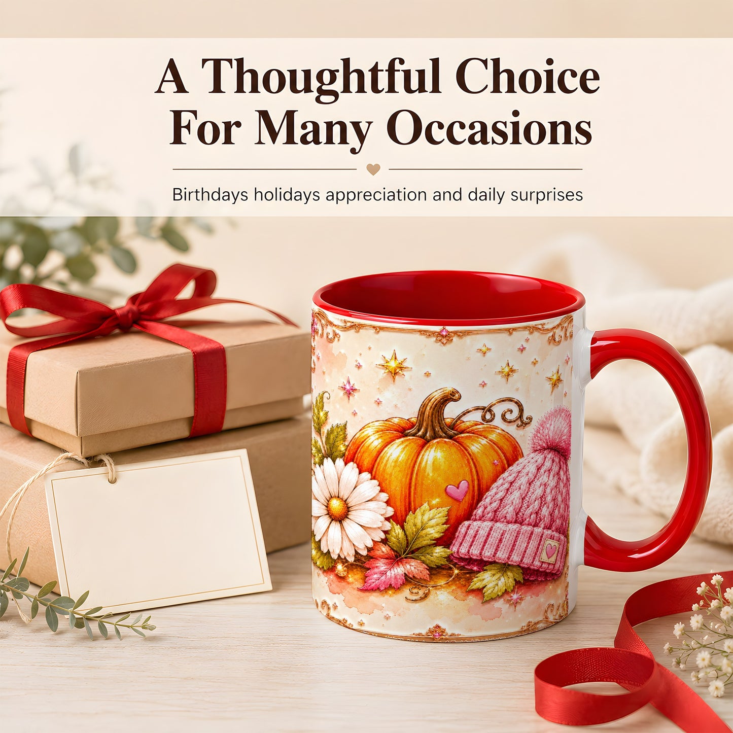 #pl[11oz|Red] Pink Pumpkin Daisy Coffee Mug, Cozy Autumn Knit Hat Mug, Ceramic Cup