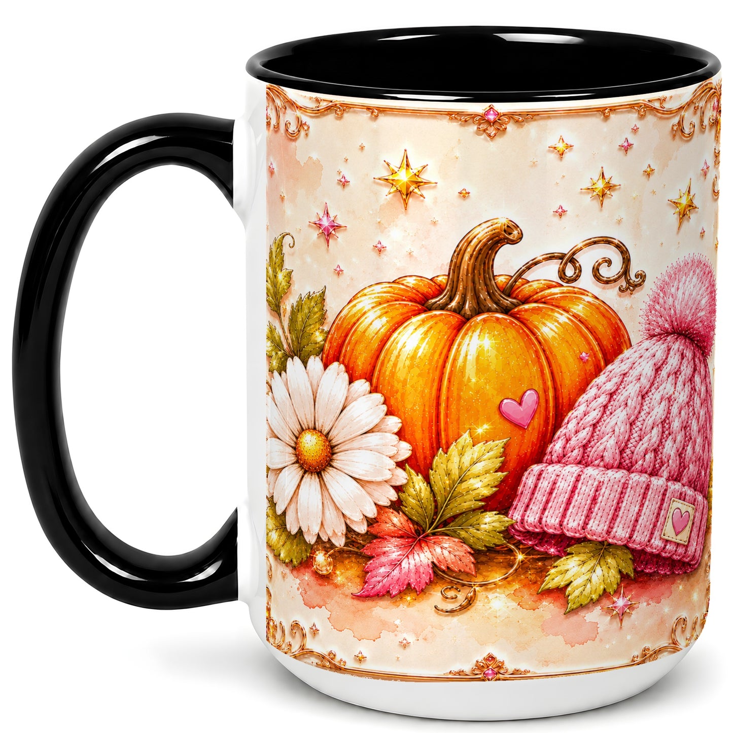 #pl[15oz|Black] Pink Pumpkin Daisy Coffee Mug, Cozy Autumn Knit Hat Mug, Ceramic Cup