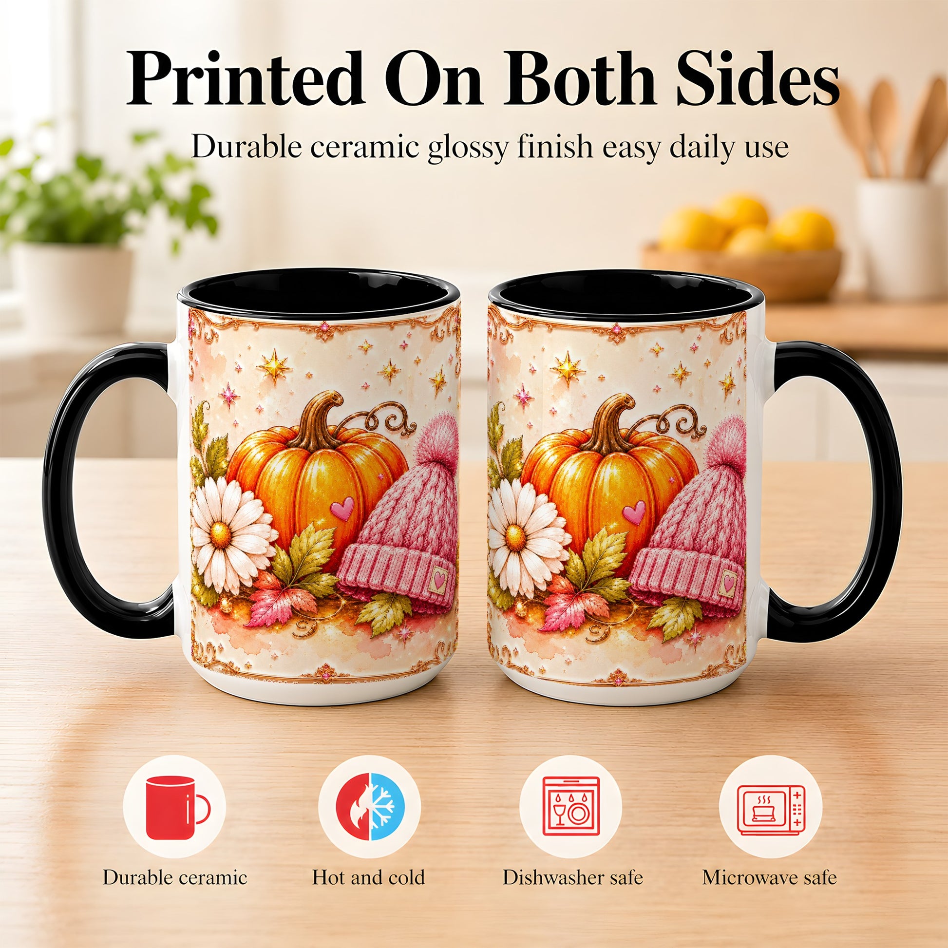 #pl[15oz|Black] Pink Pumpkin Daisy Coffee Mug, Cozy Autumn Knit Hat Mug, Ceramic Cup
