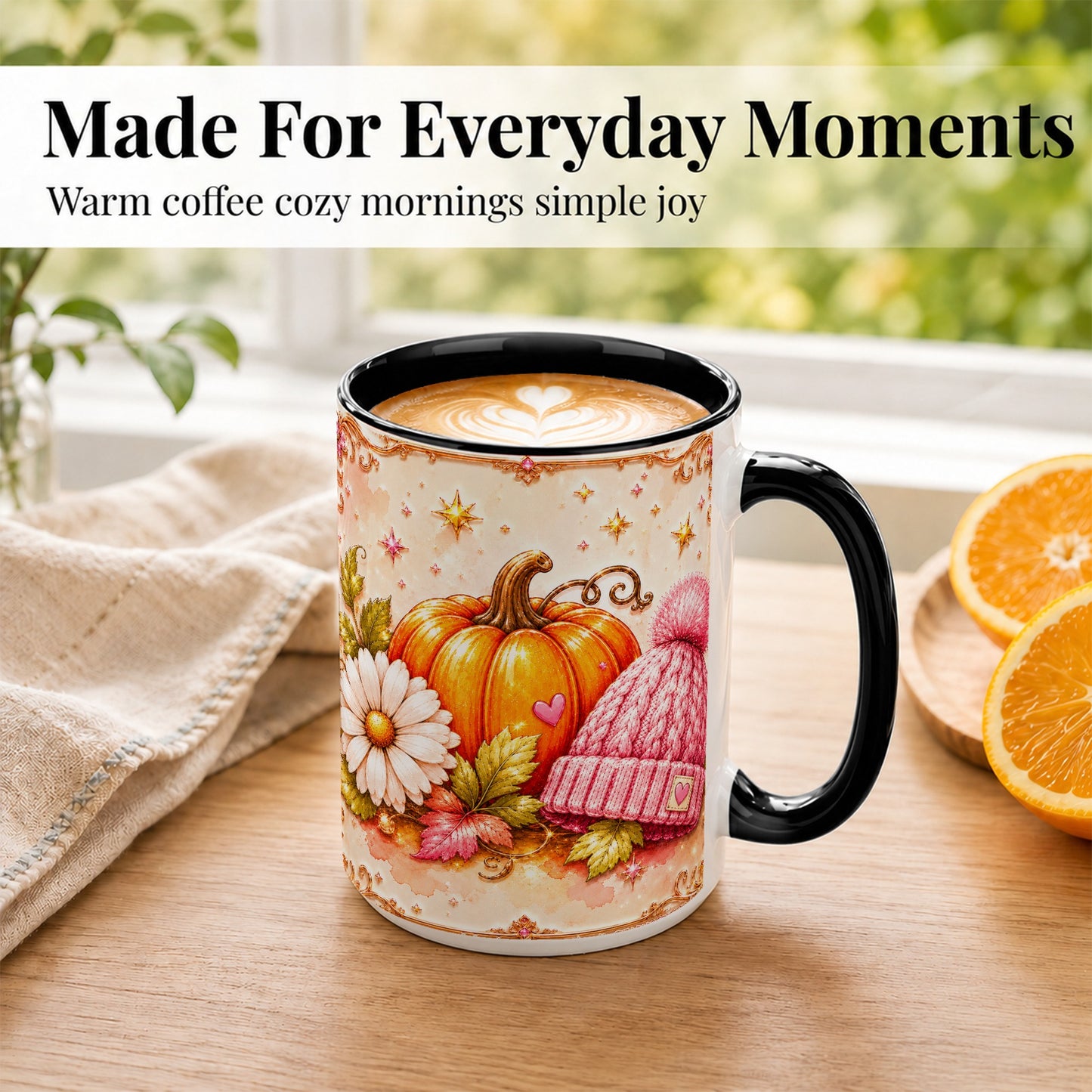 #pl[15oz|Black] Pink Pumpkin Daisy Coffee Mug, Cozy Autumn Knit Hat Mug, Ceramic Cup