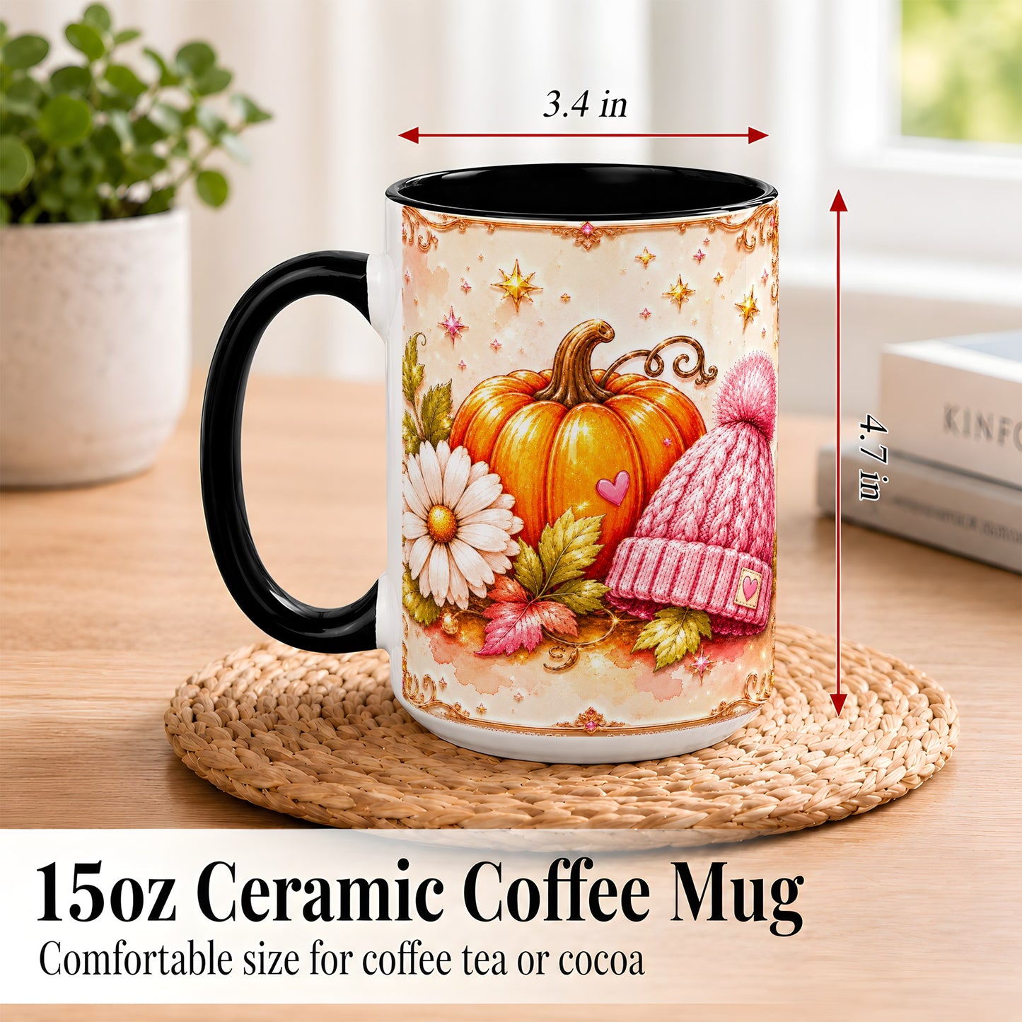#pl[15oz|Black] Pink Pumpkin Daisy Coffee Mug, Cozy Autumn Knit Hat Mug, Ceramic Cup