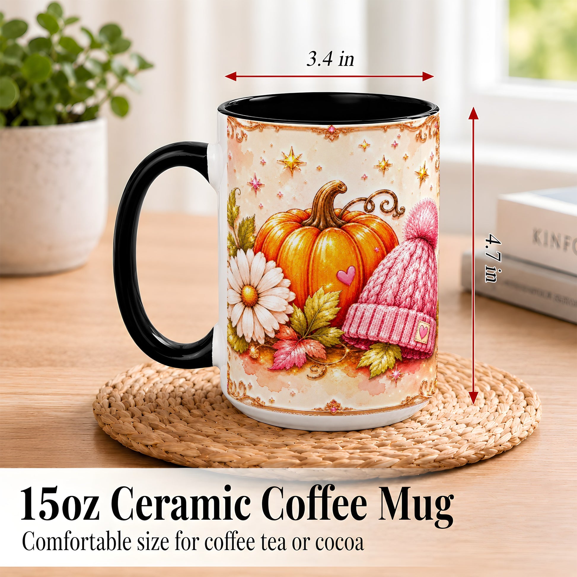 #pl[15oz|Black] Pink Pumpkin Daisy Coffee Mug, Cozy Autumn Knit Hat Mug, Ceramic Cup